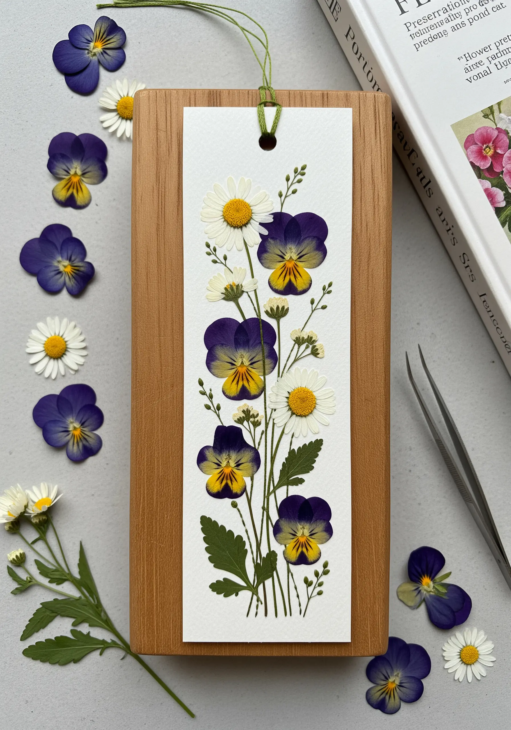 A delicate bouquet of real pressed pansies and daisies arranged on a white paper bookmark.