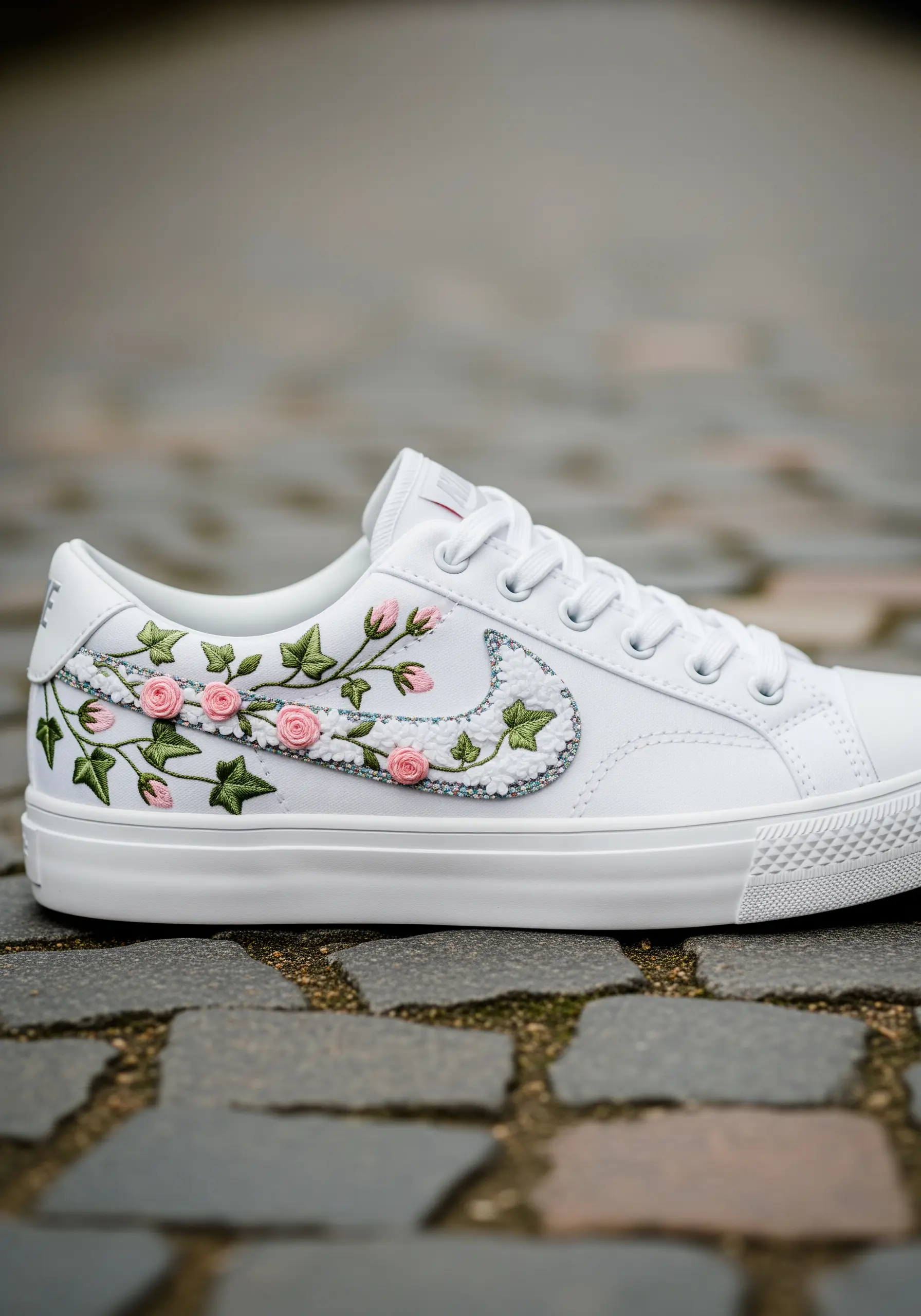 Rose embroidery on white sneaker swoosh