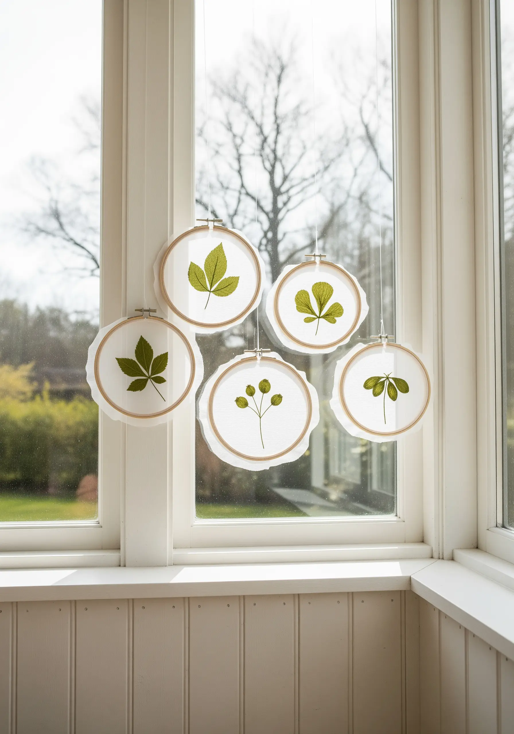 Five embroidery hoops with leaf motifs stitched on sheer fabric, hanging in a window.