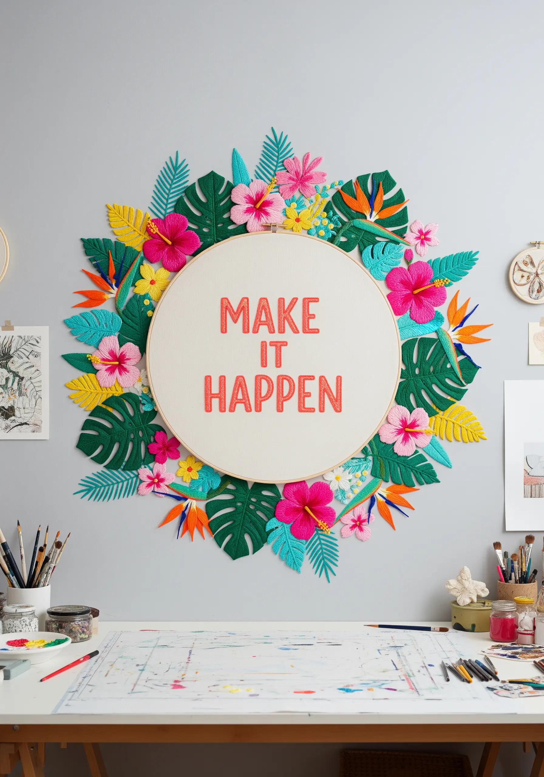 Embroidery hoop with tropical flowers and leaves extending far beyond the circular frame.