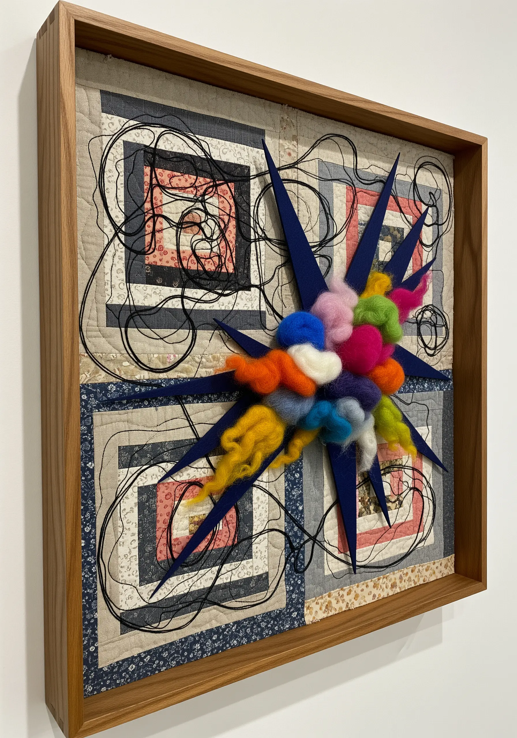 A framed quilt block embellished with felted wool, fabric spikes, and chaotic threadwork.
