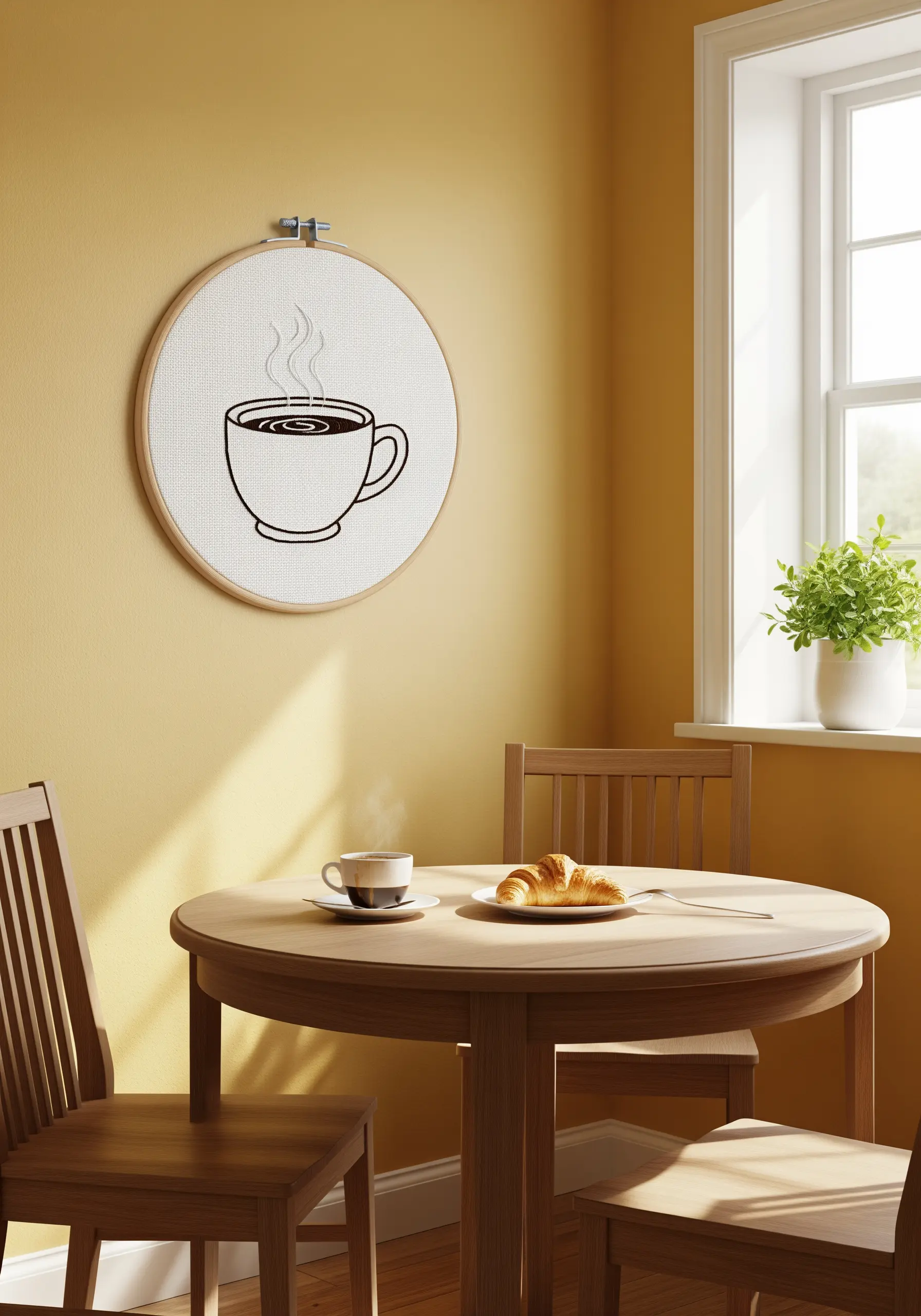 A simple line art embroidery of a steaming coffee cup on a yellow wall.