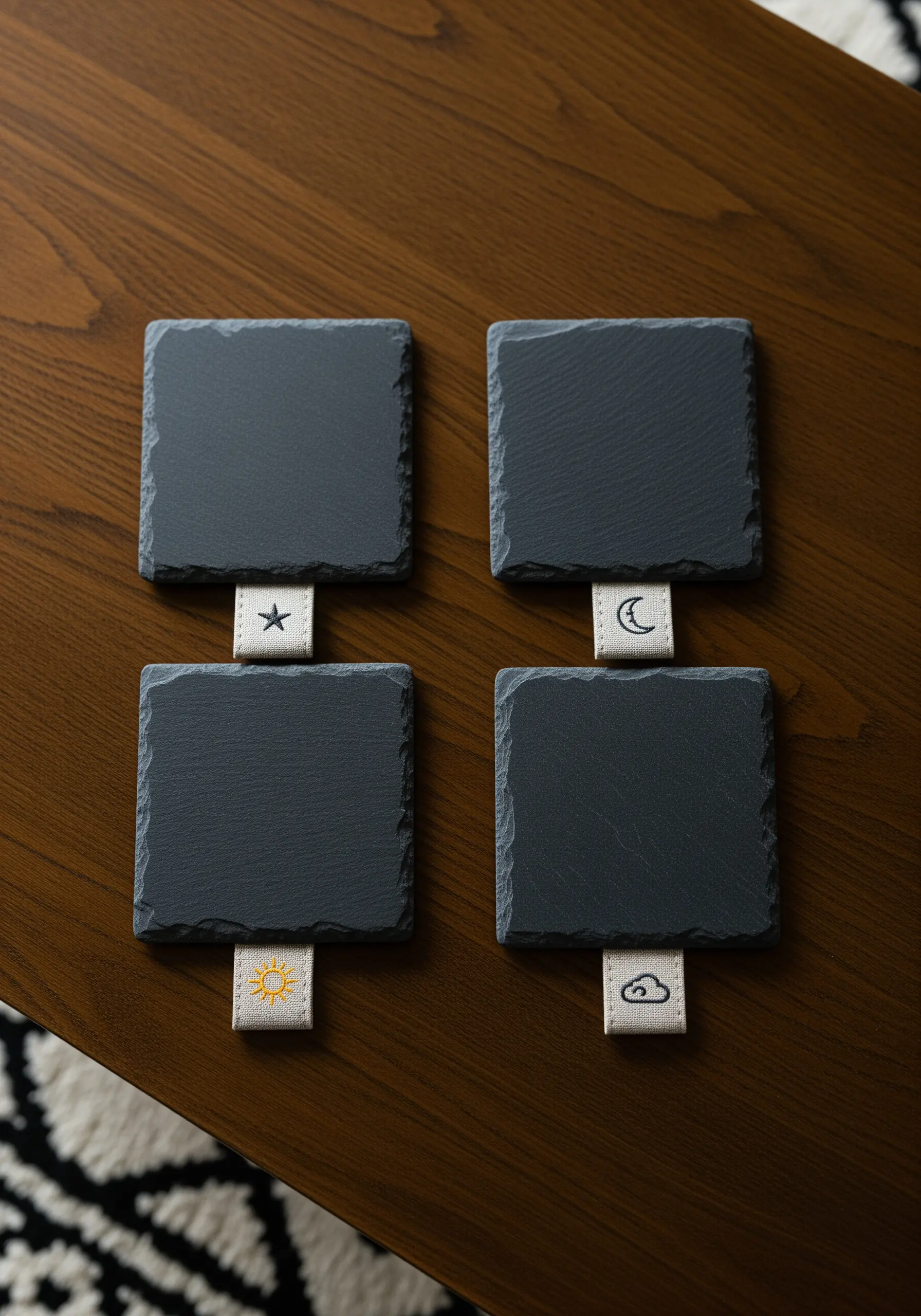 Slate coasters, each with a small fabric tab embroidered with a weather or celestial icon.