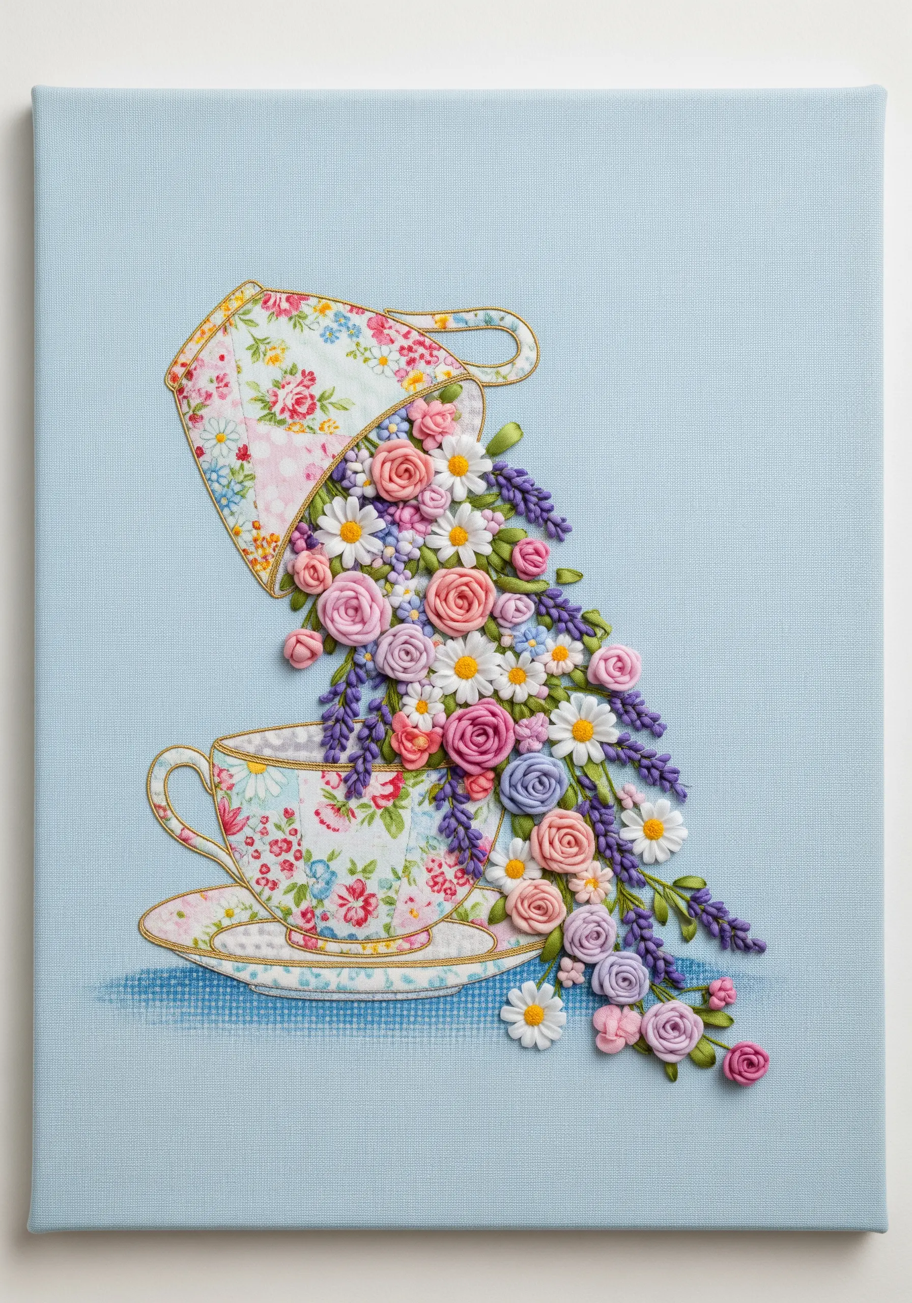 Silk ribbon embroidery flowers cascading from appliqué teacups on canvas.