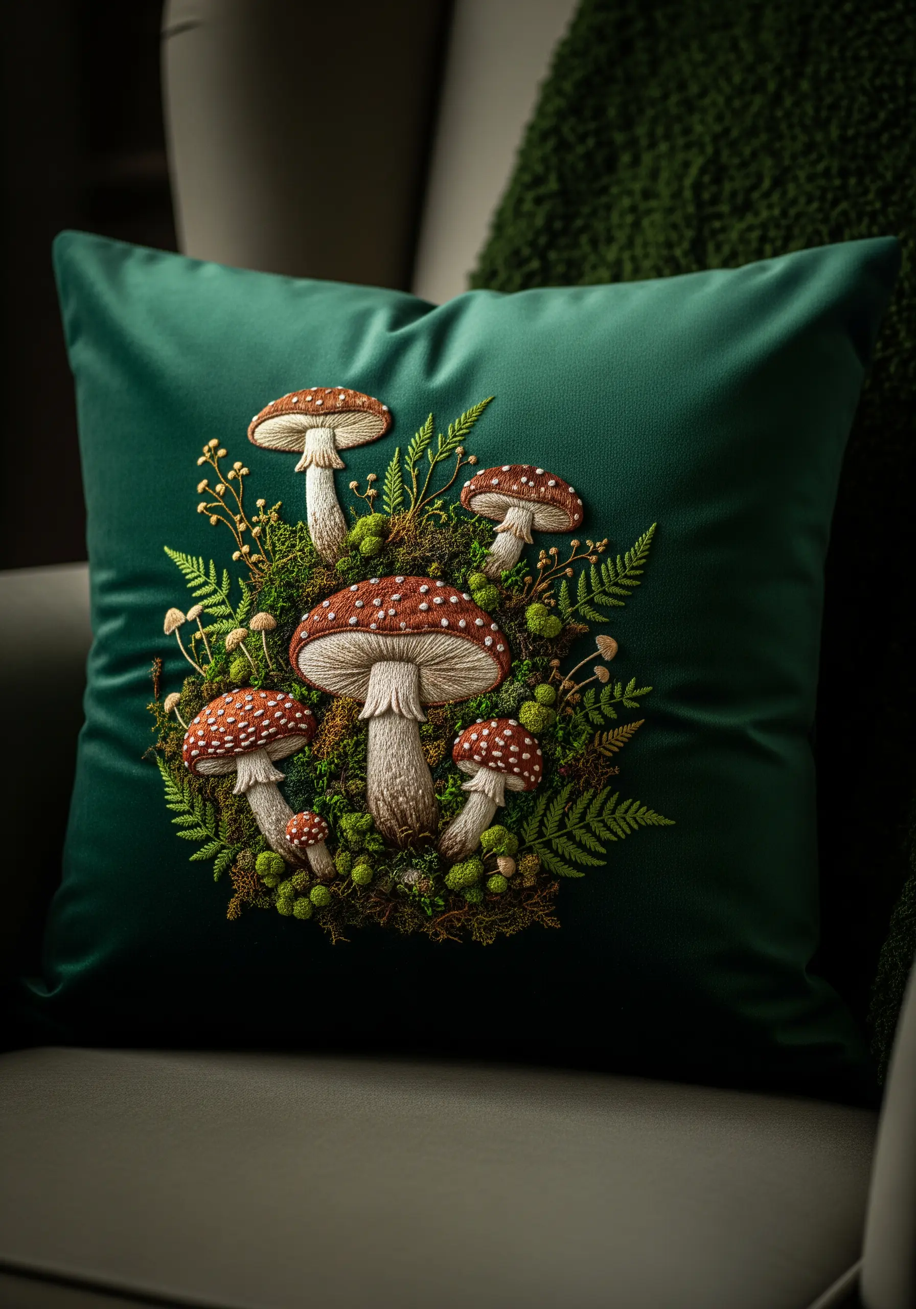 A dark green velvet cushion with highly detailed, 3D embroidered mushrooms and ferns.