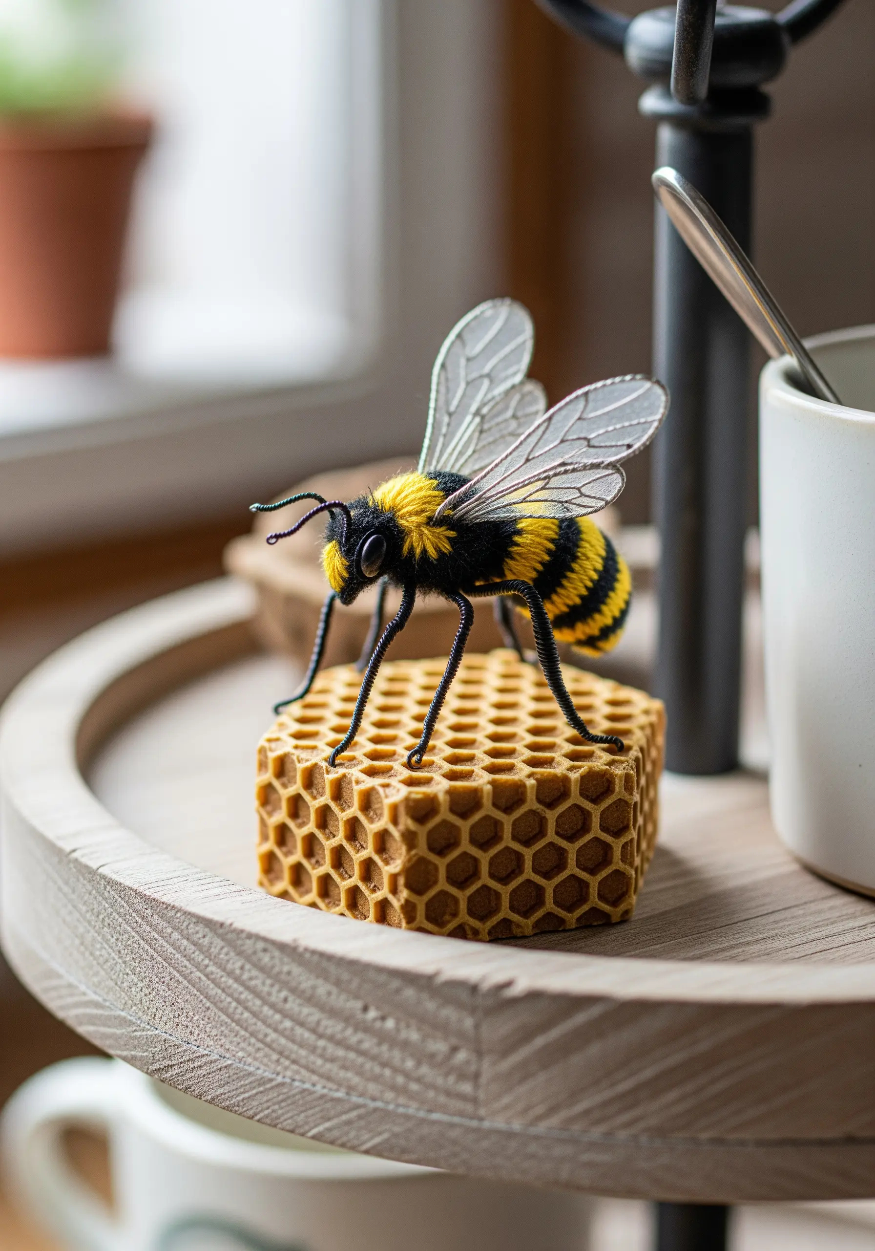 A realistic 3D bee sculpture made from yarn, felt, wire, and sheer fabric.