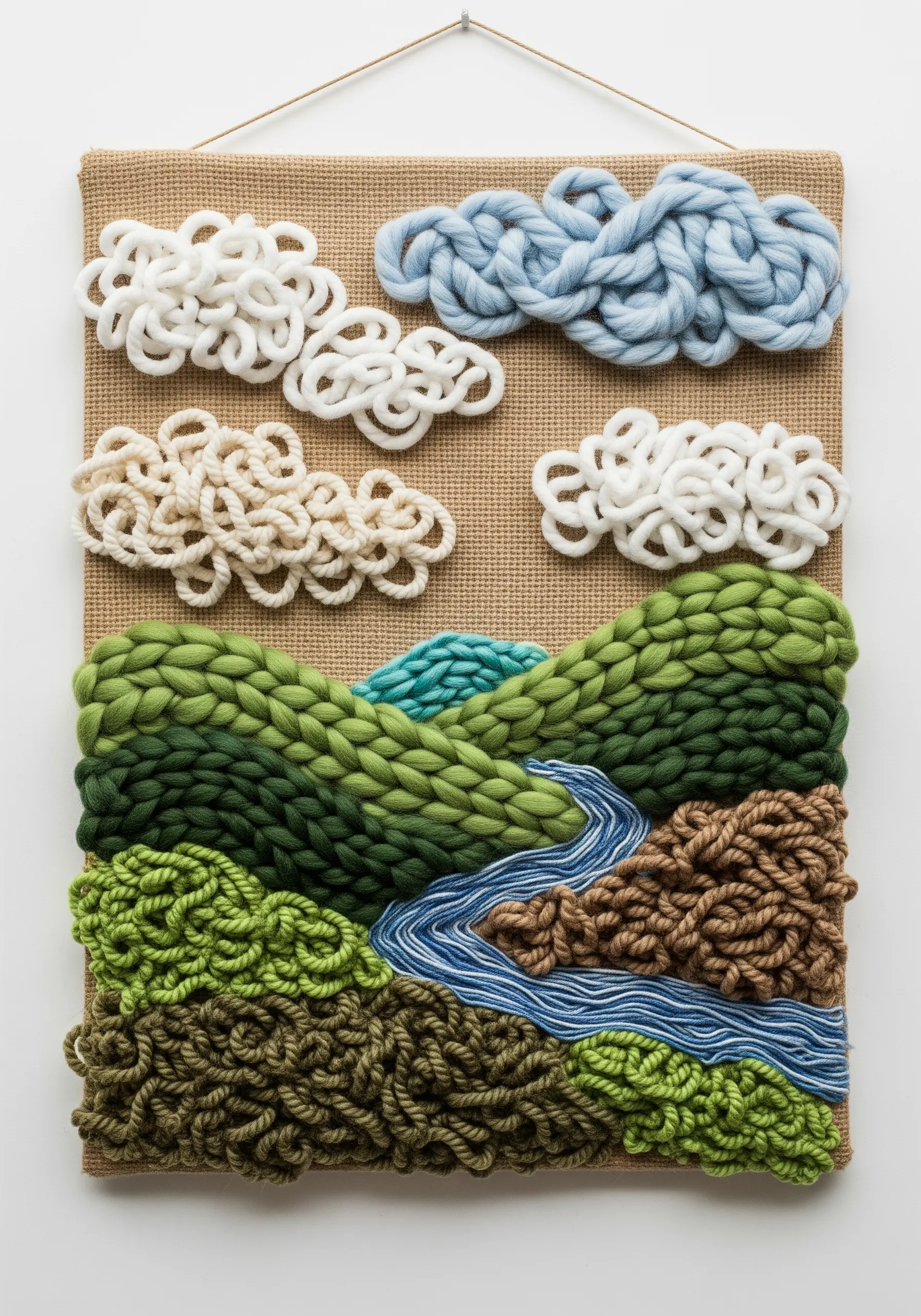 A textural yarn art piece depicting a landscape with woven hills and 3D clouds on burlap.