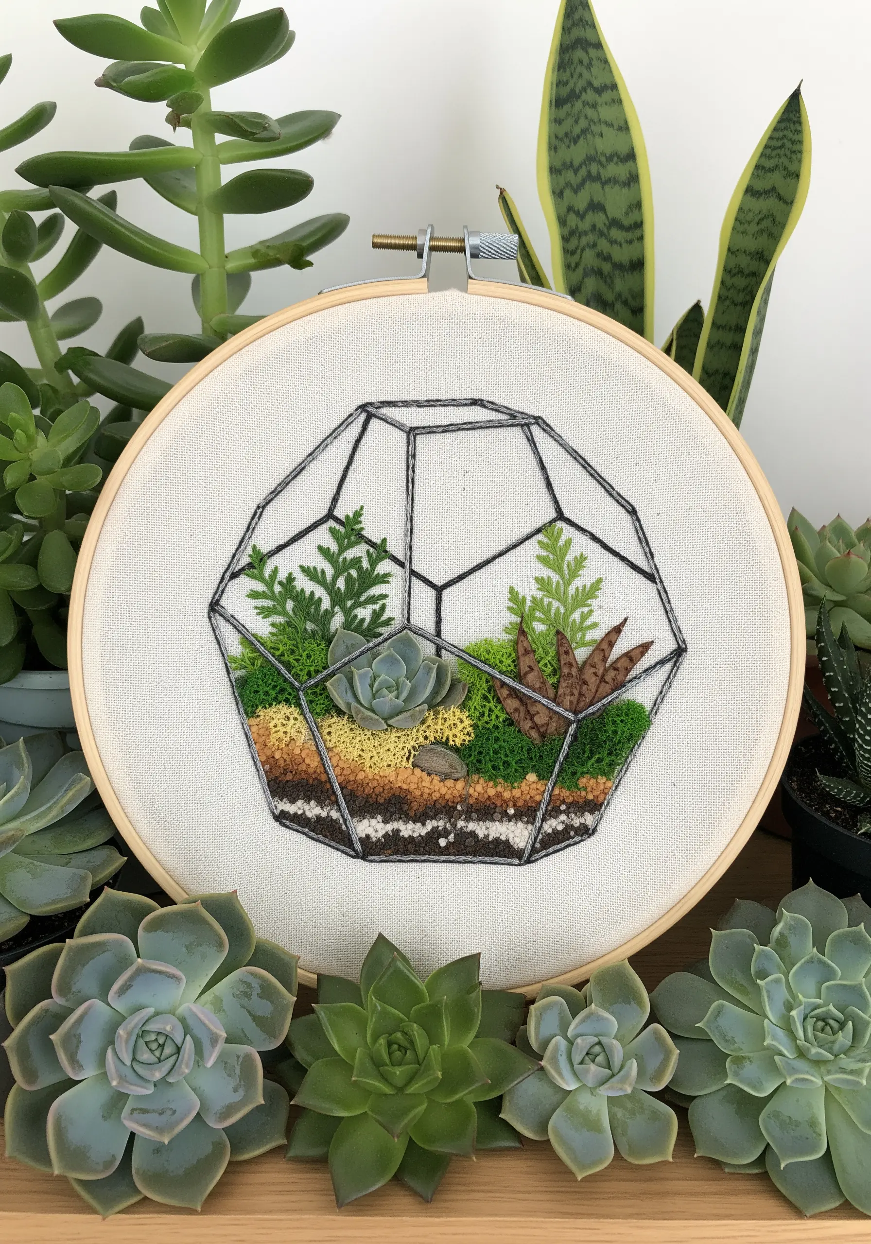 An embroidery hoop depicting a geometric terrarium filled with dimensional stitched succulents and moss.