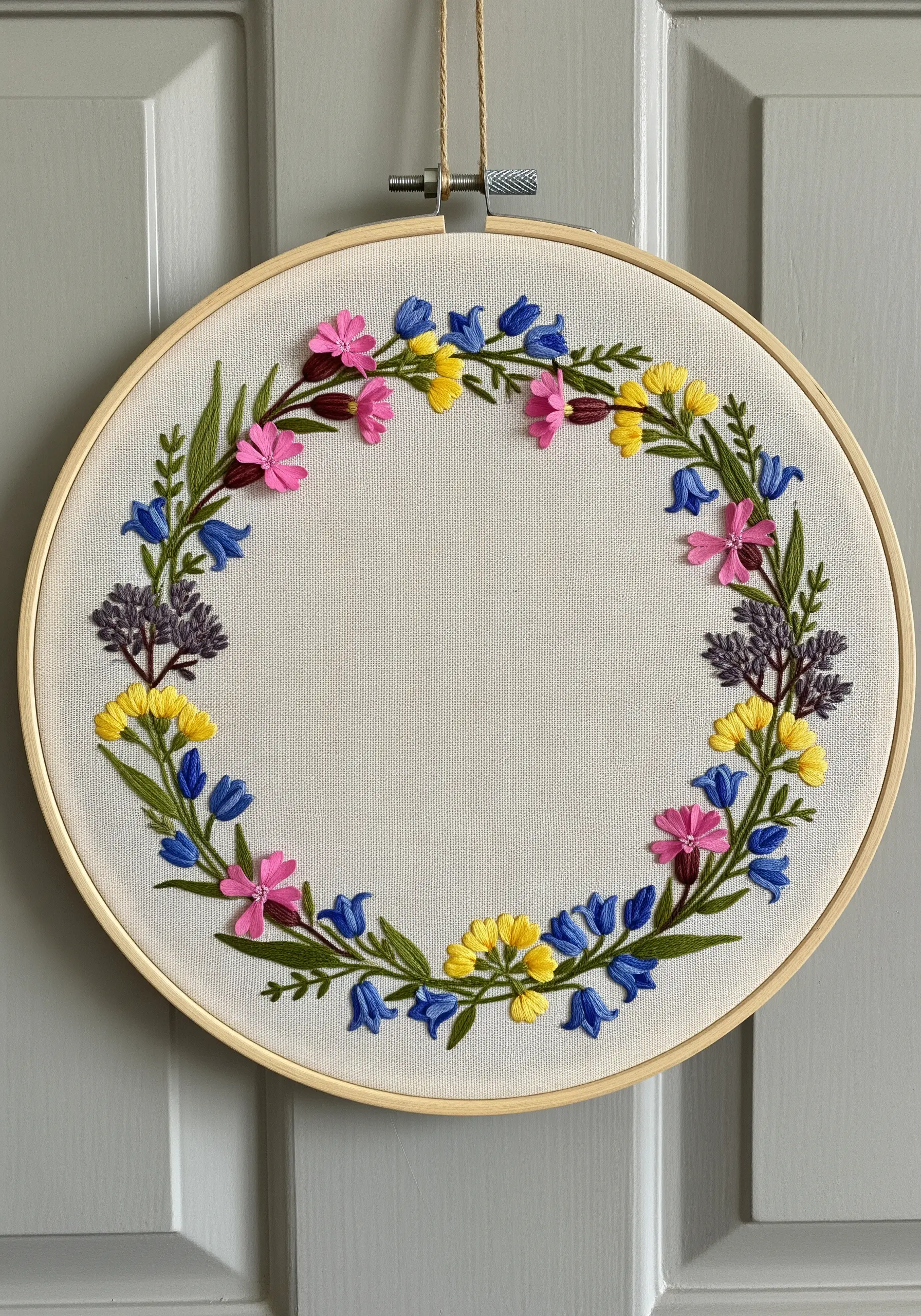 A delicate wildflower wreath embroidered with pink, blue, and yellow flowers on off-white fabric.