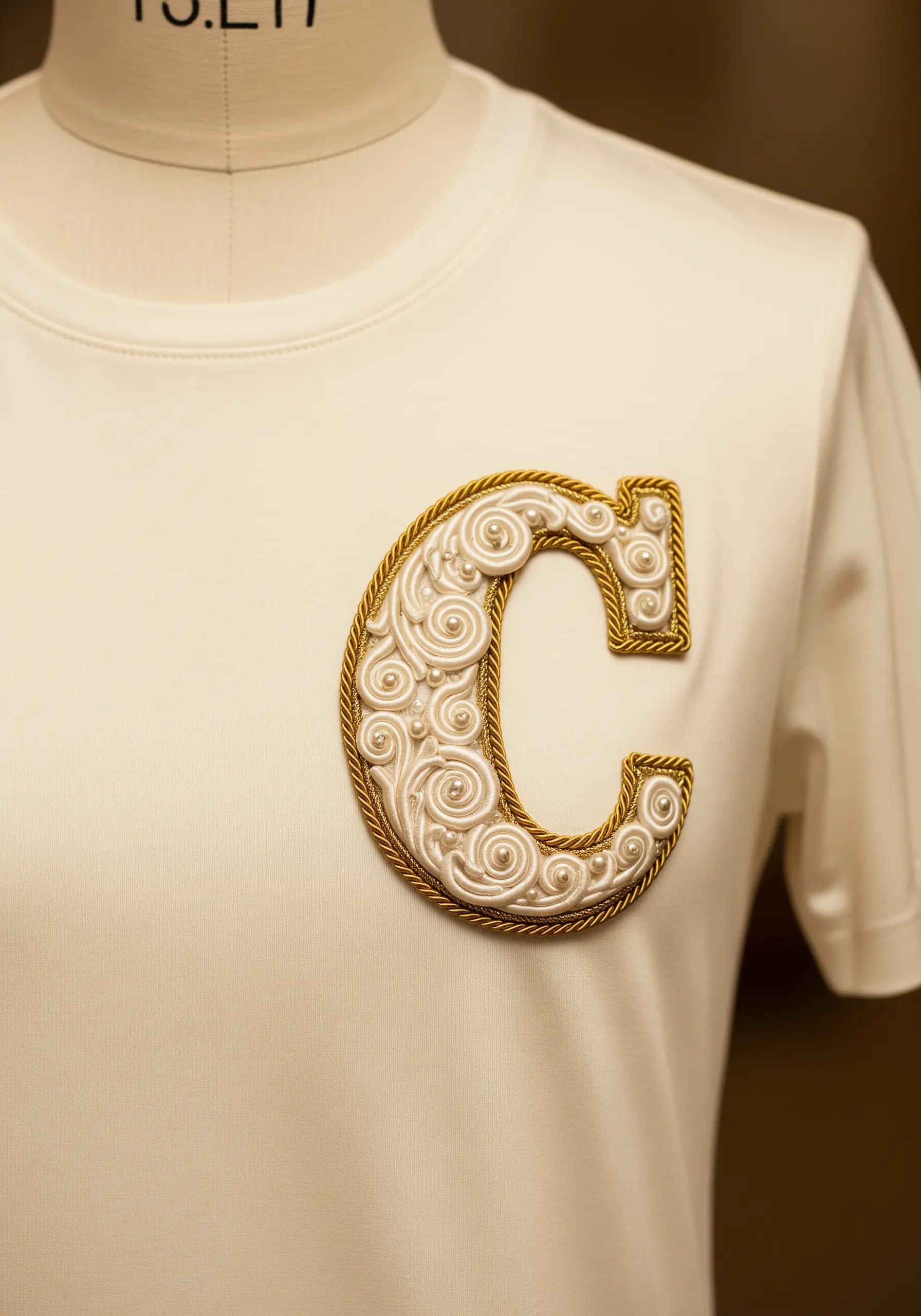 A dimensional letter 'C' filled with white bullion knots and pearls, outlined in gold cord.