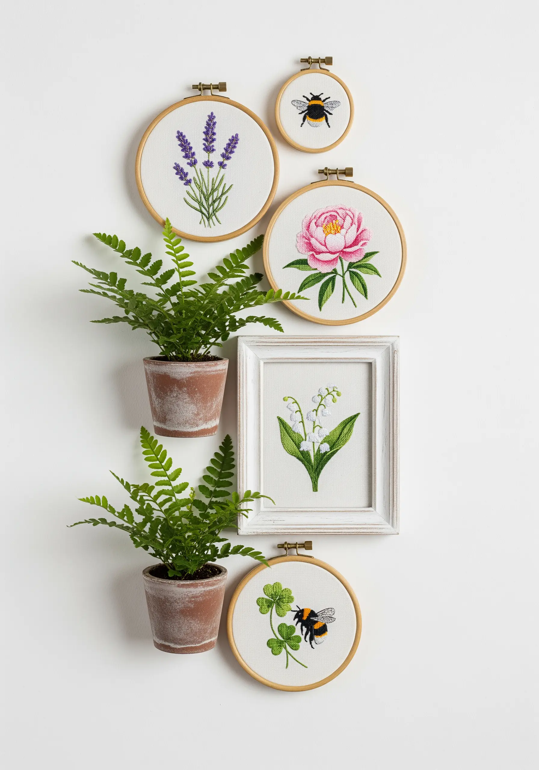 A gallery wall of floral embroidery, mixing various hoop sizes with a rectangular white frame.