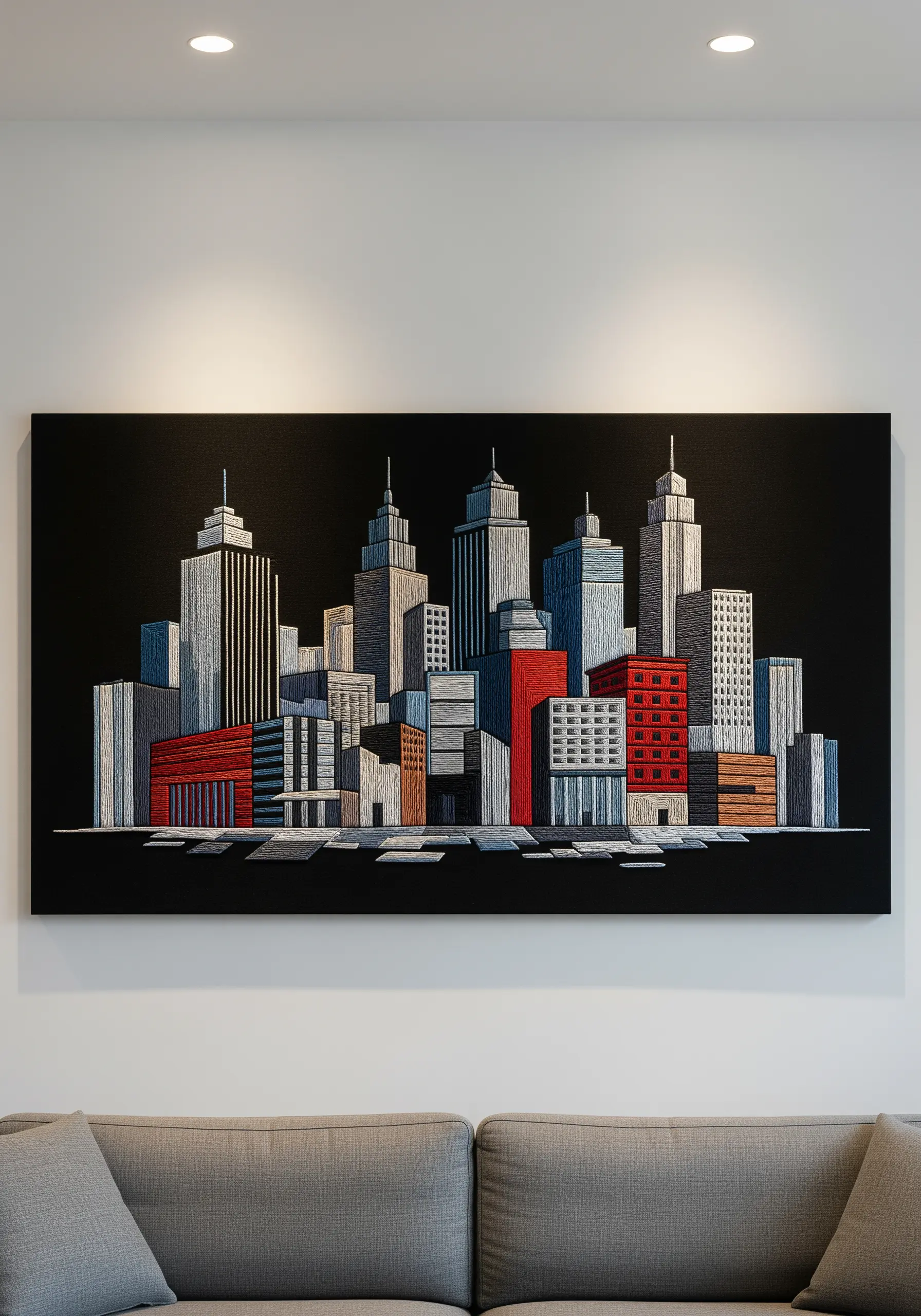 An embroidered cityscape on black fabric, with buildings made of vertical satin stitches.