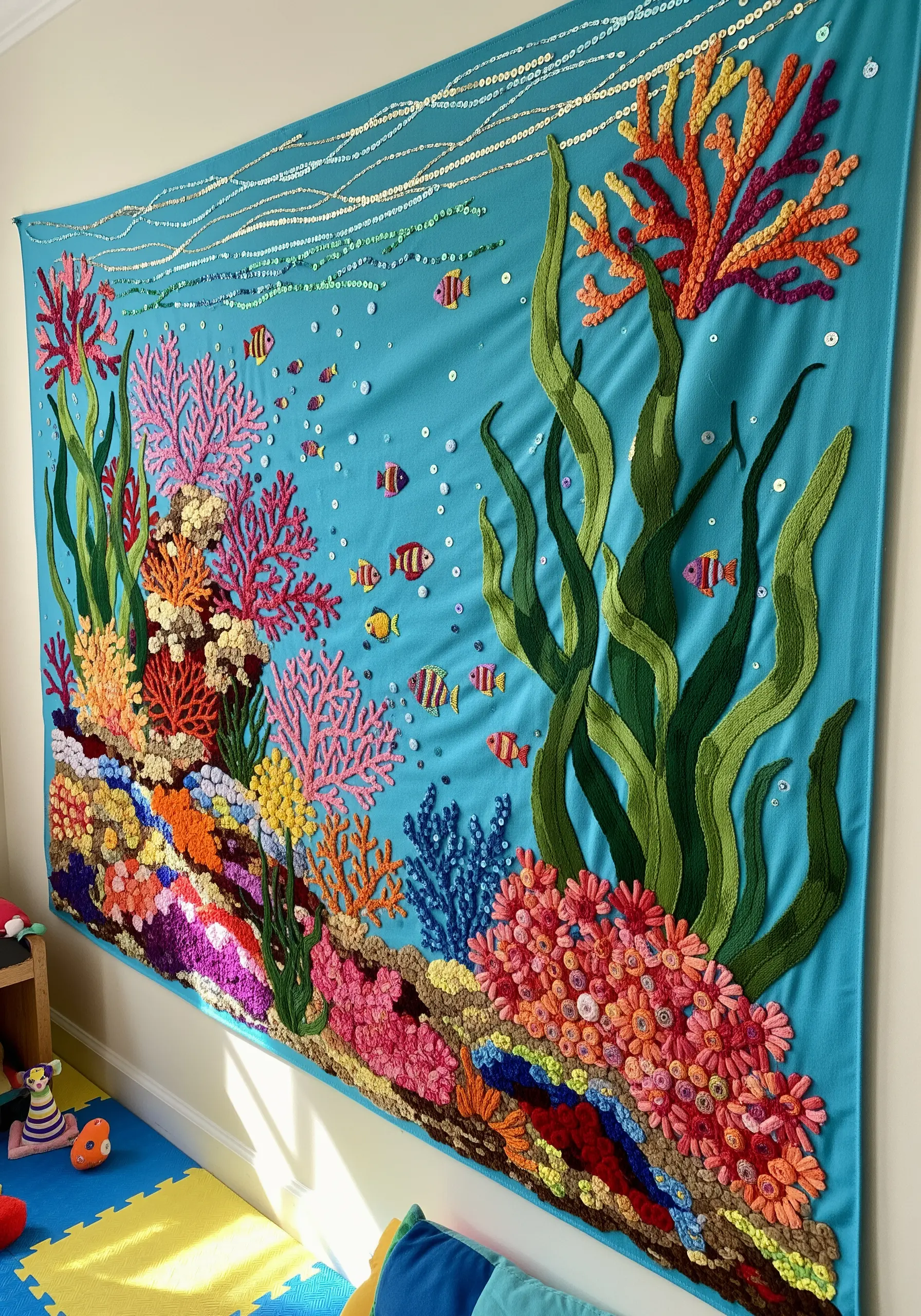 A large, colorful embroidered tapestry of an underwater coral reef scene with varied textures.