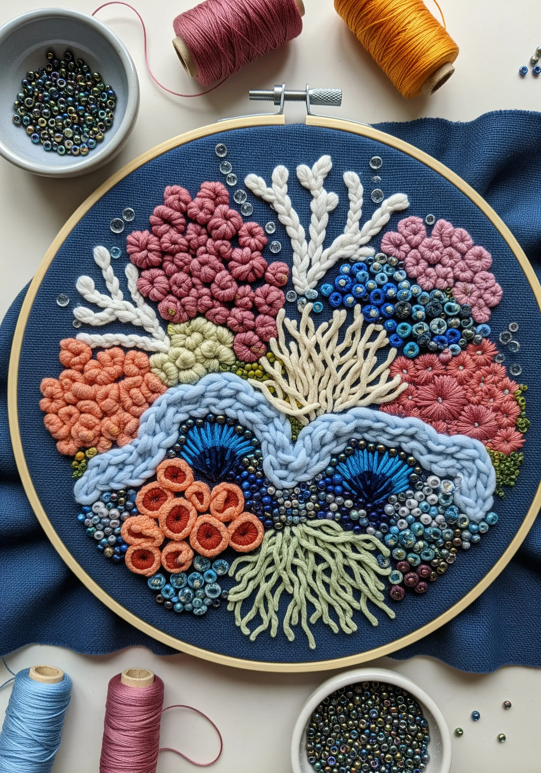 A vibrant coral reef embroidery with French knots, bullion stitches, and colorful seed beads.