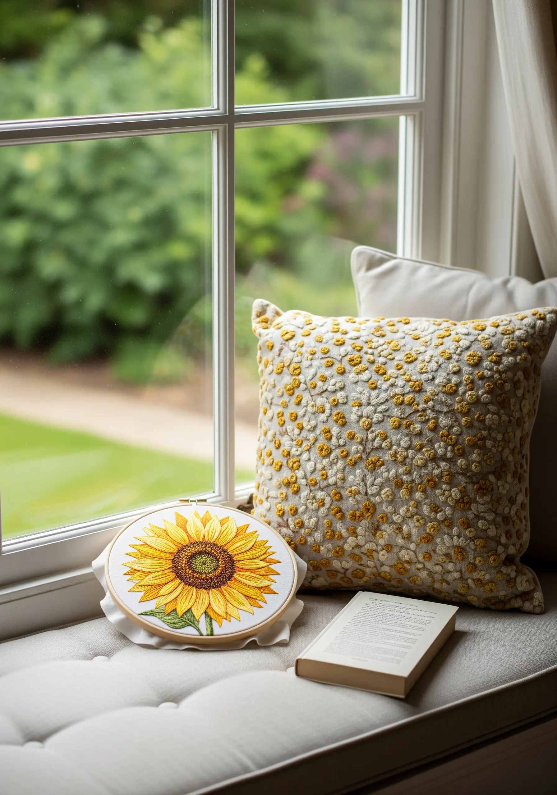 A vibrant, detailed embroidery of a sunflower with a textured brown center.