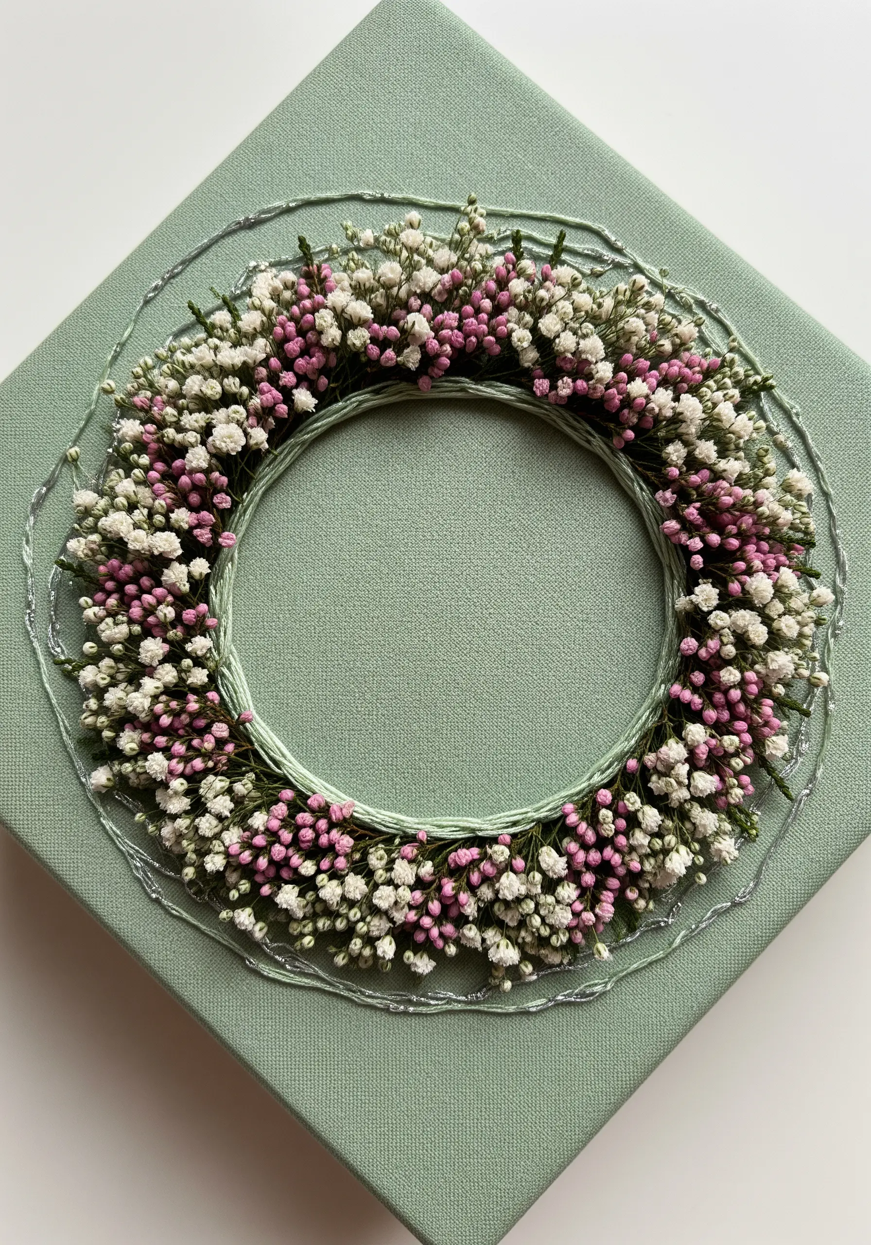 A dense wreath of pink and white pressed baby's breath on green canvas with silver thread details.