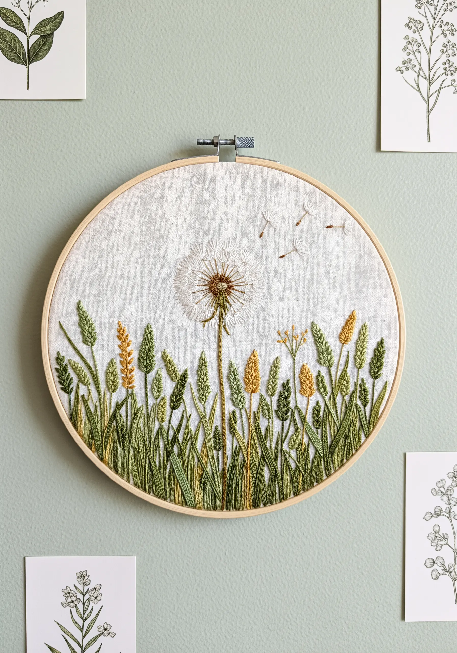 Dense wildgrass and dandelion embroidery in a wooden hoop.