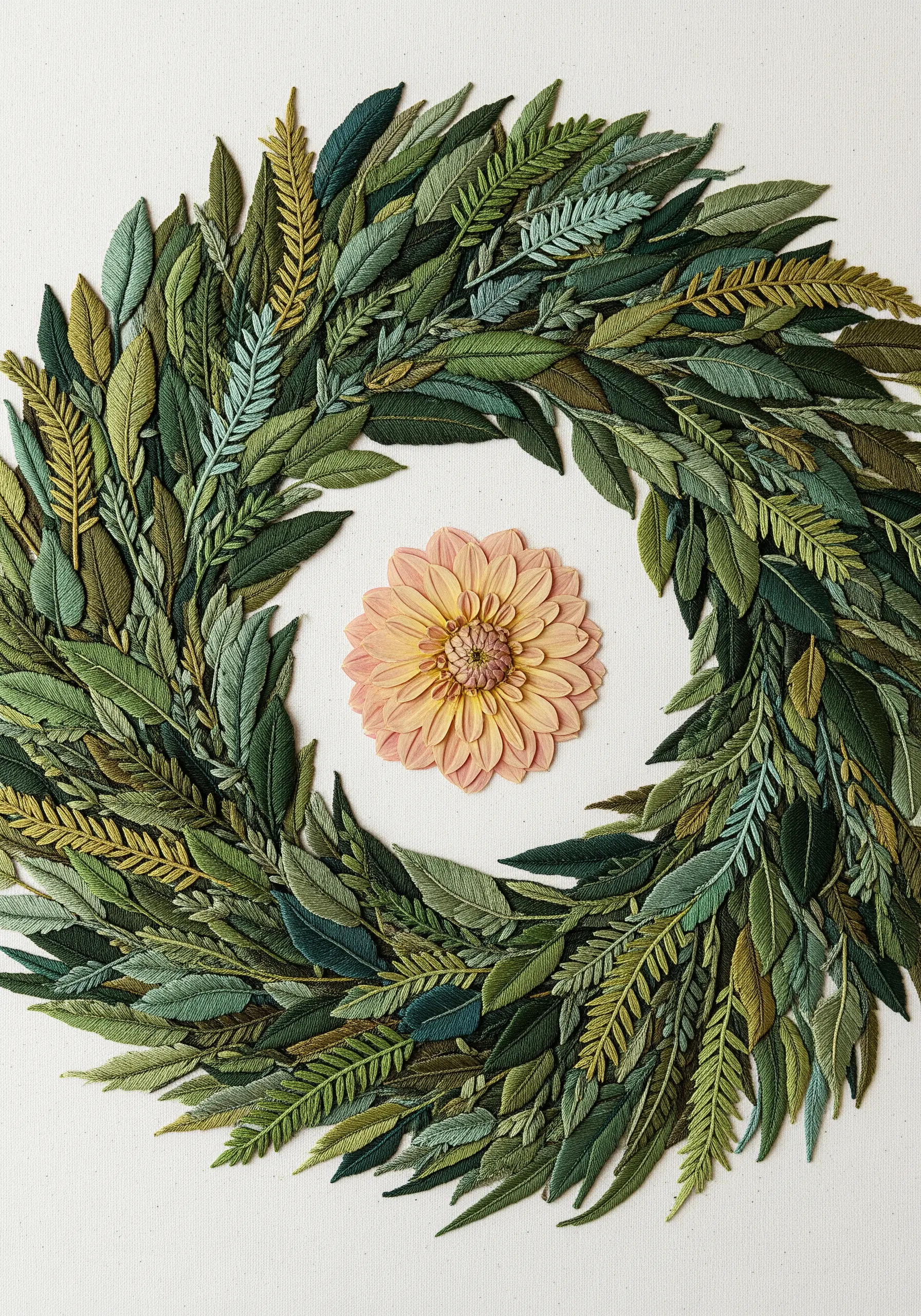 A pressed pink dahlia inside a thick, lushly embroidered wreath of green leaves in many shades and textures.