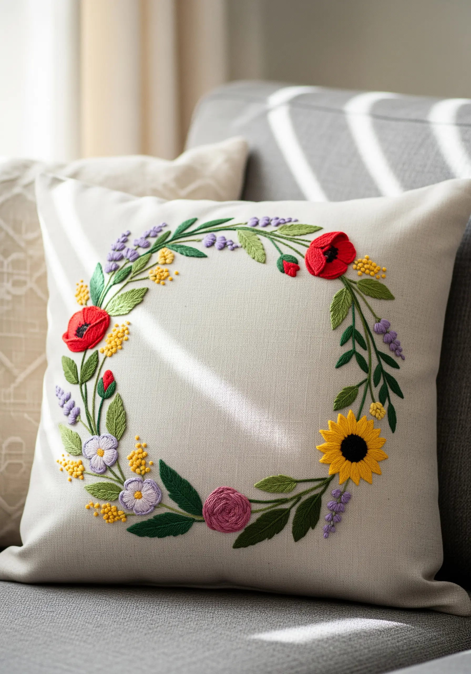 Close-up of a hand-embroidered floral wreath on a neutral cushion cover.