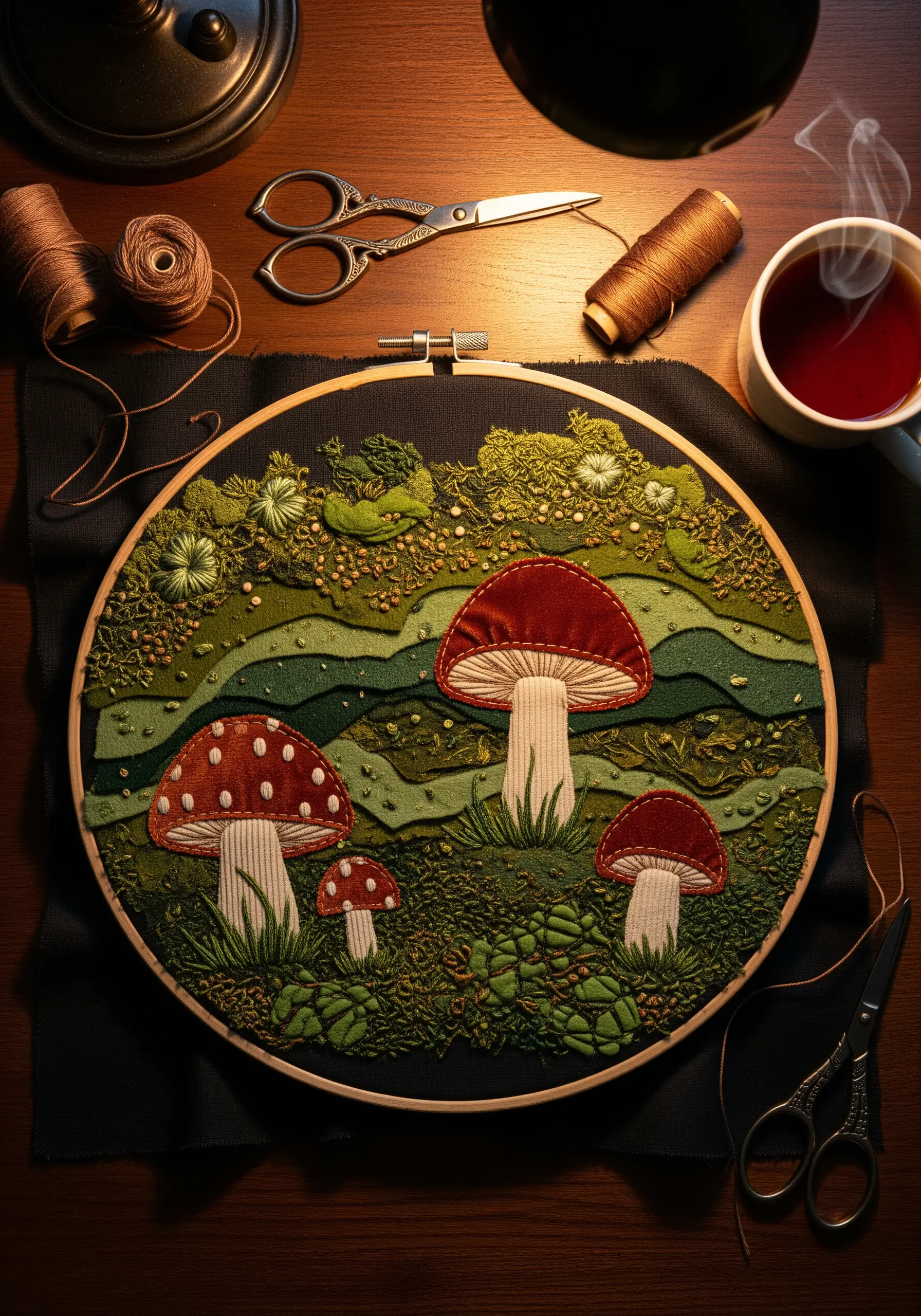 Textural hoop art of a forest floor with appliquéd velvet mushrooms and dense French knot moss.