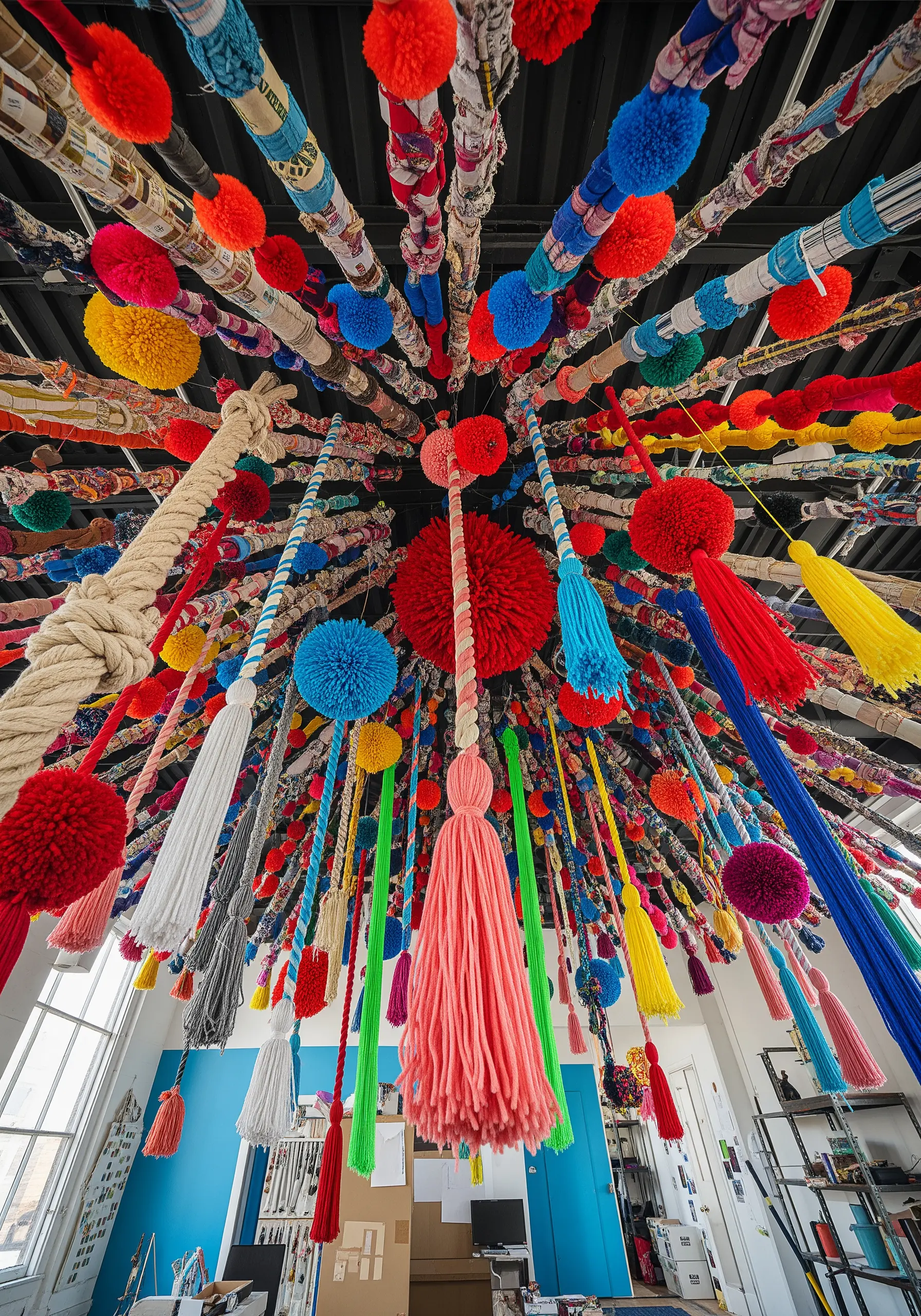 A ceiling bursting with colorful pom-poms, tassels, and fabric-wrapped ropes pointing to the center.