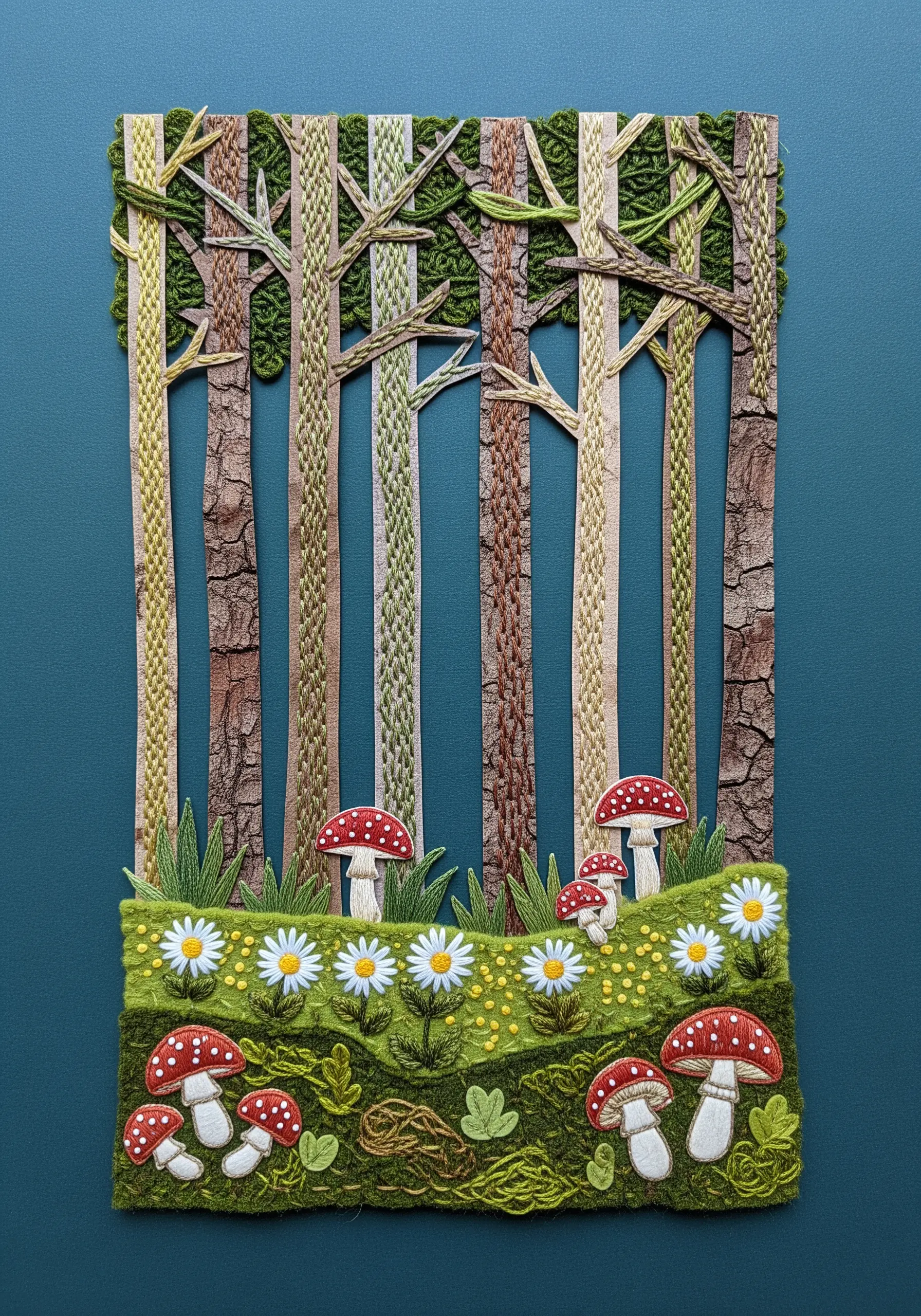 A forest scene created with embroidered paper trees, felt mushrooms, and stitched foliage.