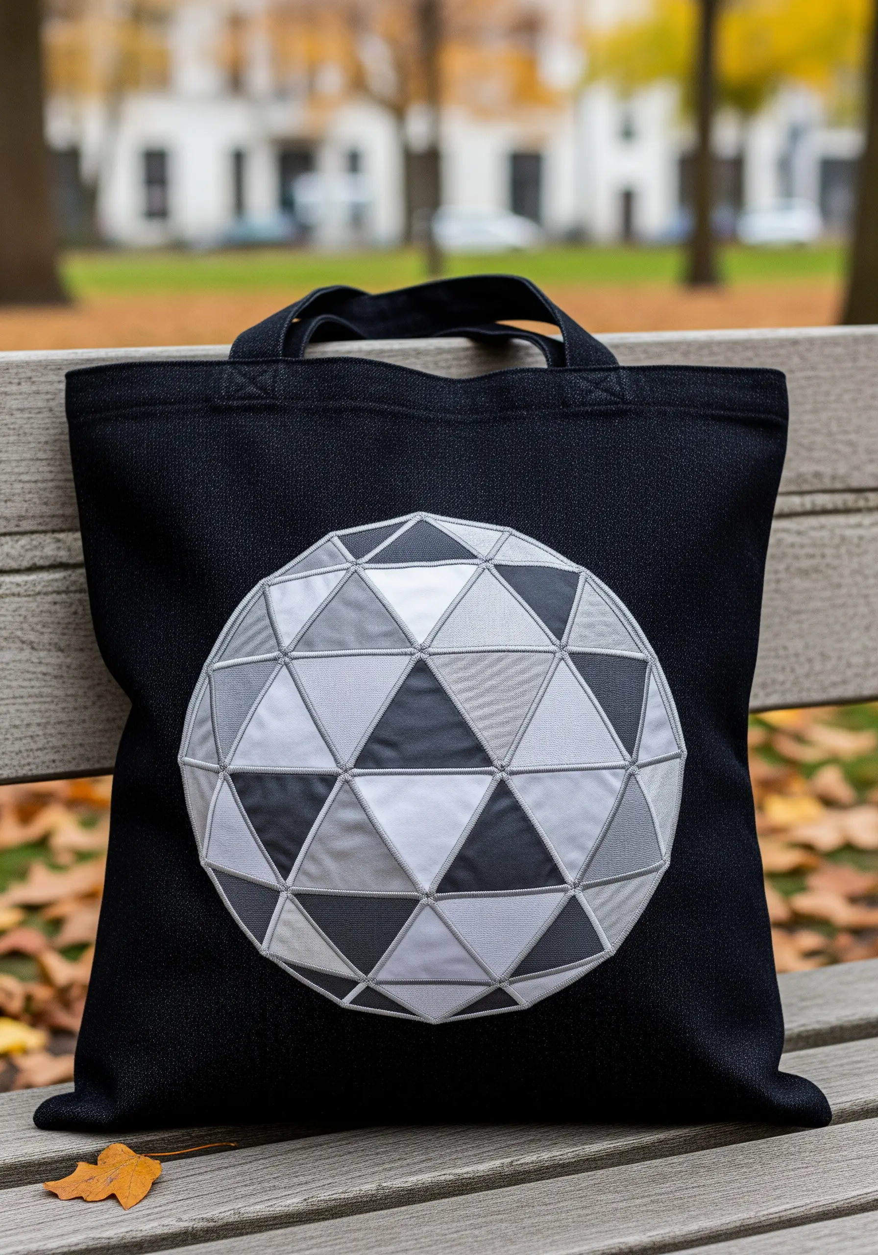 A geodesic sphere made from grey and white fabric appliqué triangles on a black tote bag.