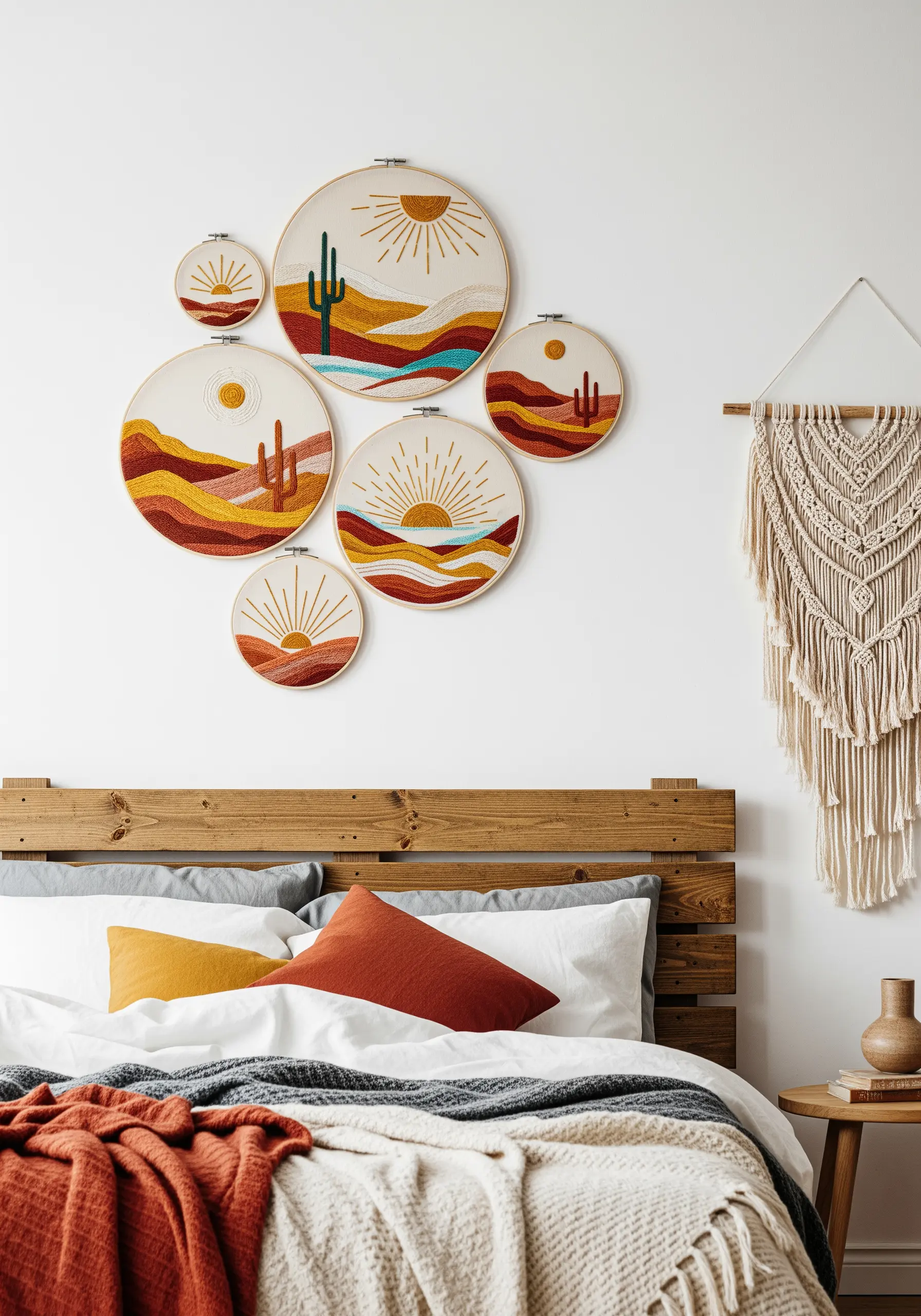Desert landscape embroidery with warm earth tones like terracotta and mustard.
