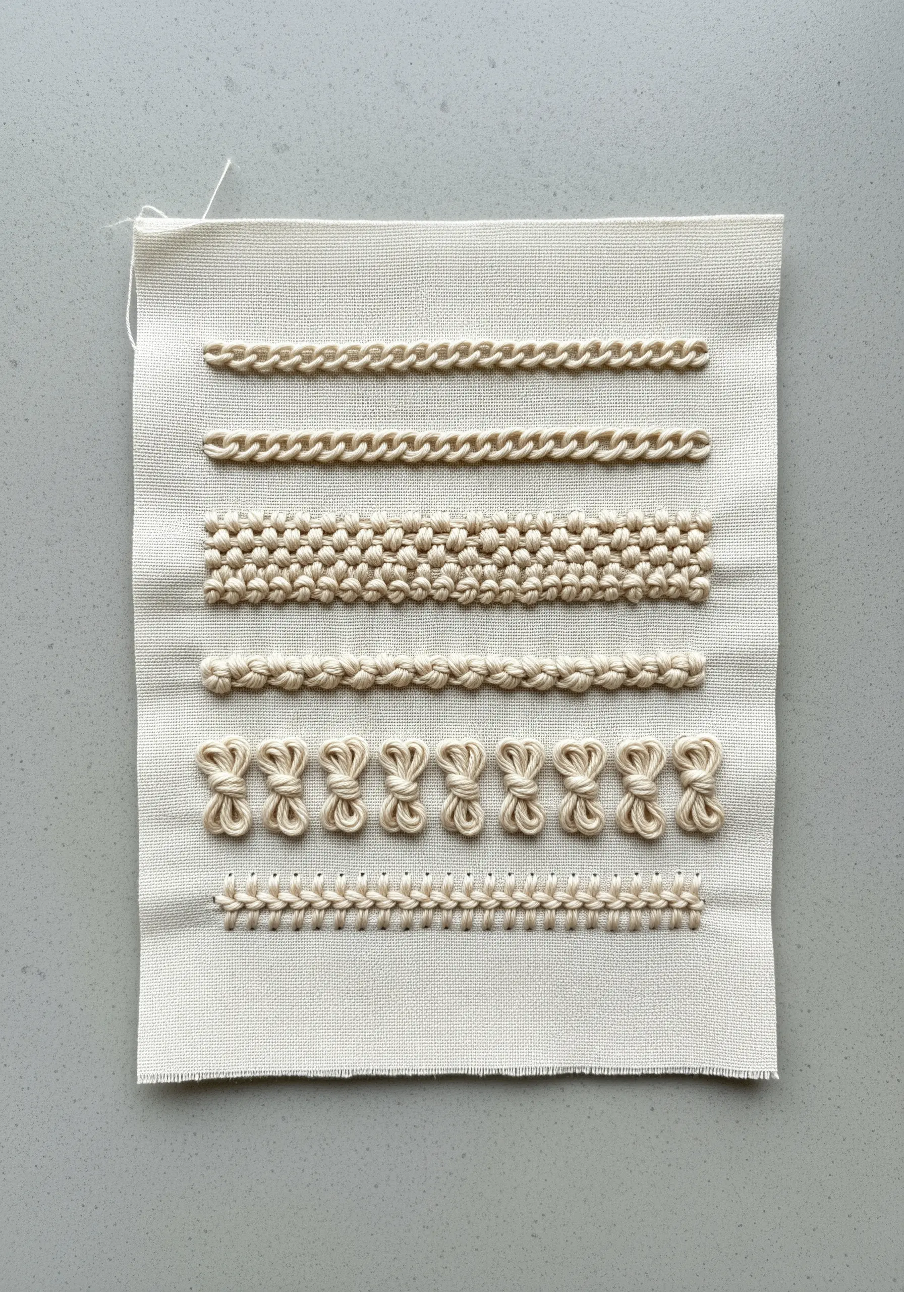 A stitch sampler on cream fabric showing various dimensional stitches like chain stitch and knots.
