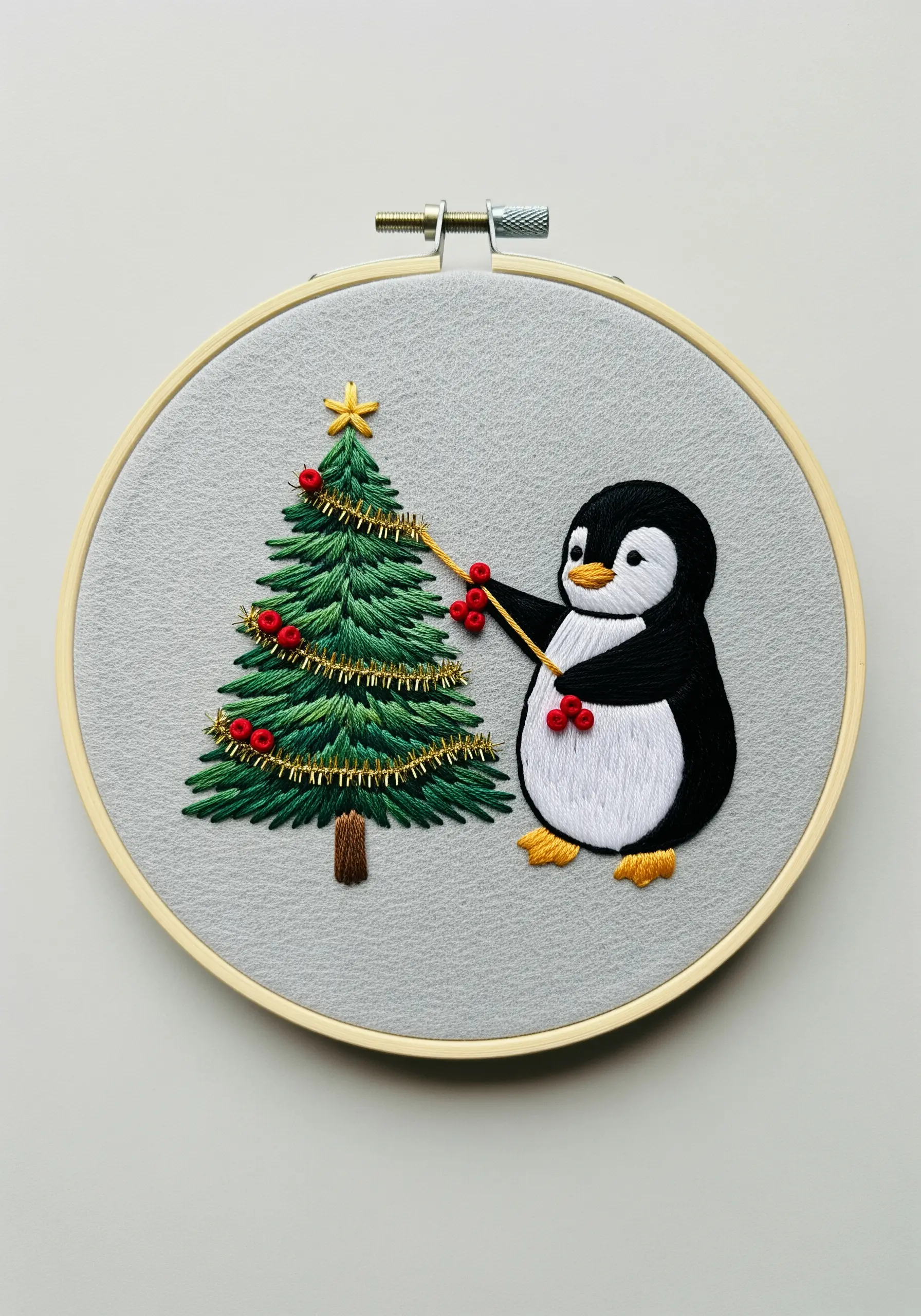 A cute embroidered penguin decorating a Christmas tree with red ornaments and gold garland.