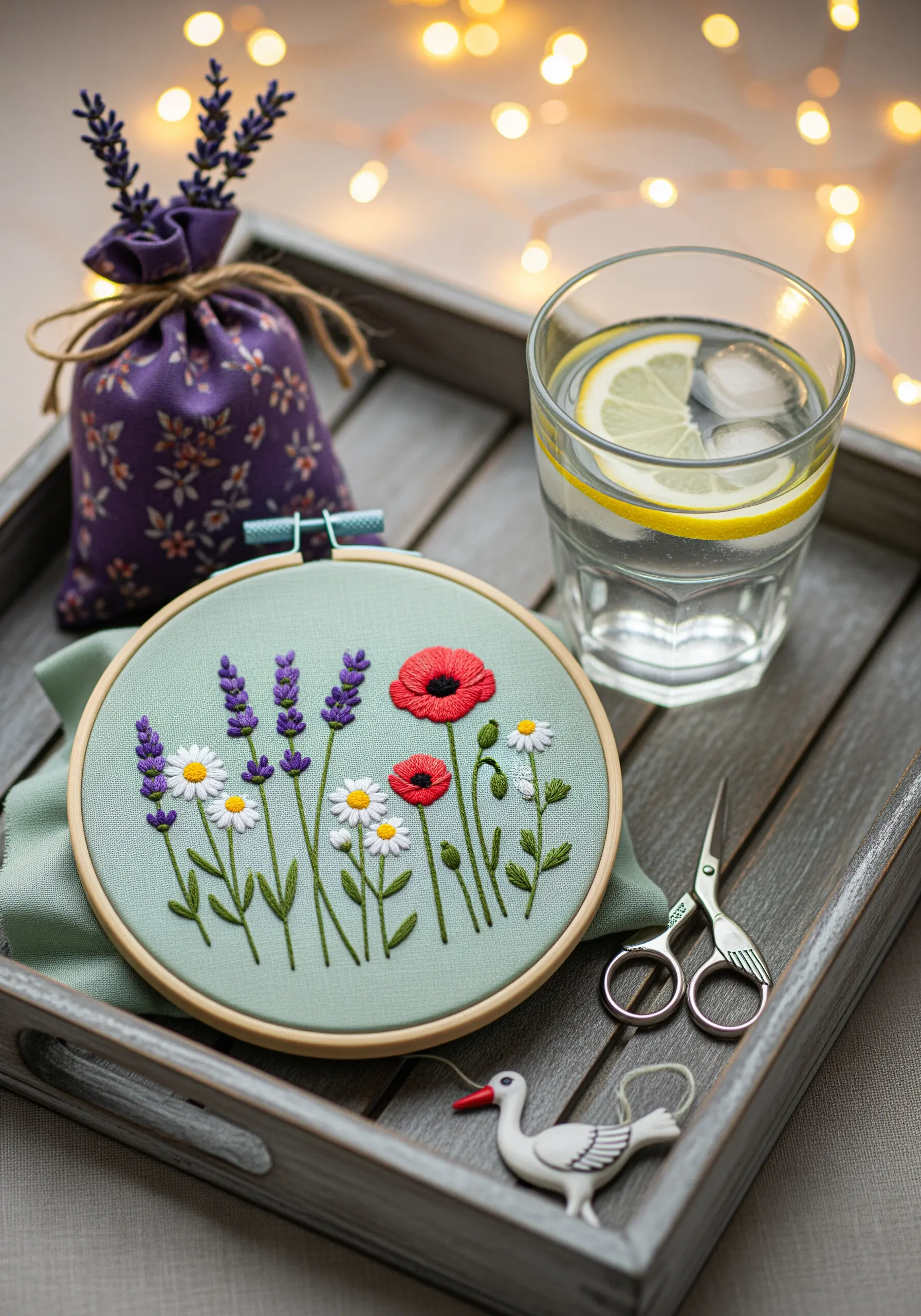 A completed embroidery hoop of wildflowers, including poppies and lavender, on a tray.