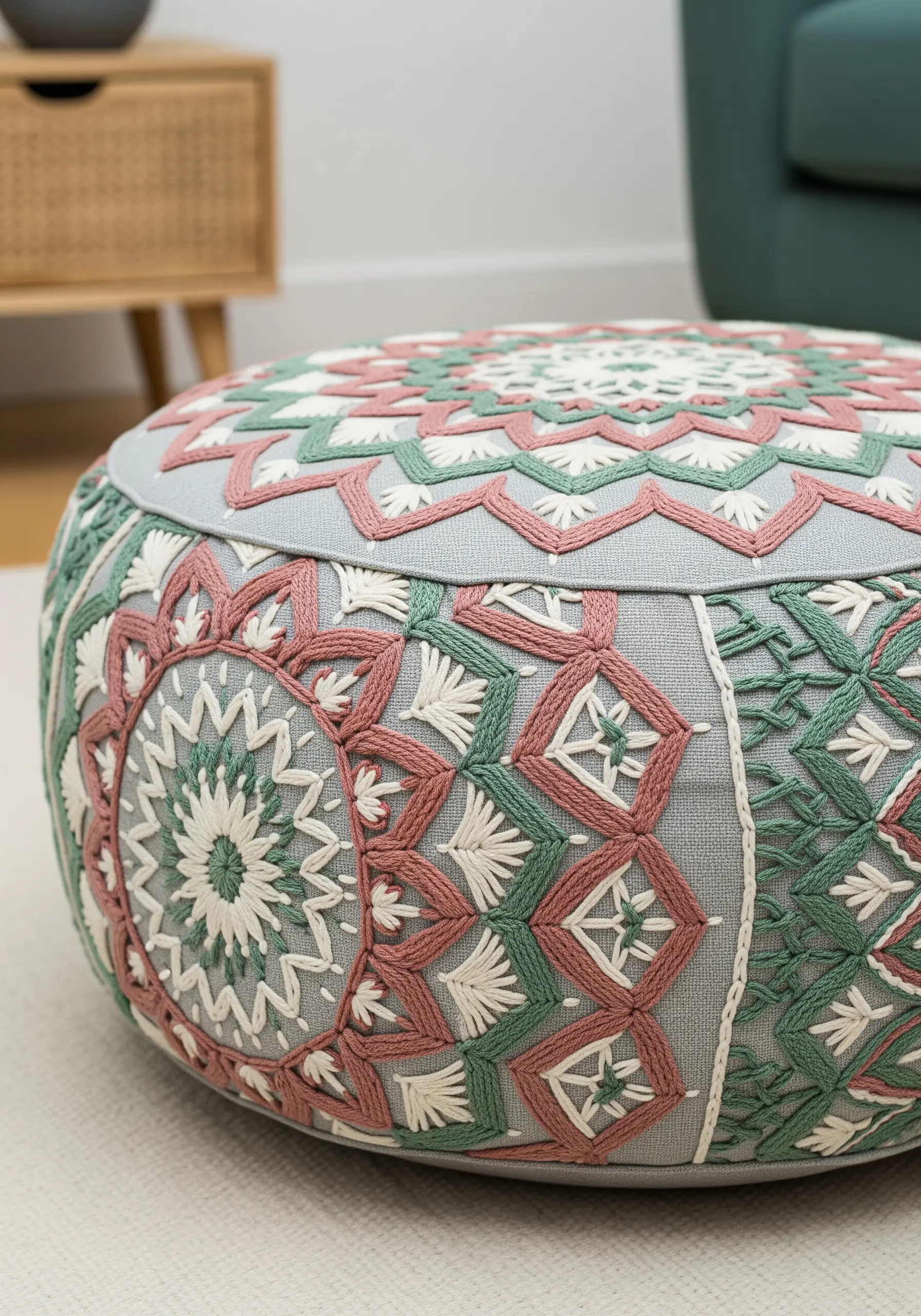 A round ottoman embroidered with a large, intricate geometric mandala pattern.