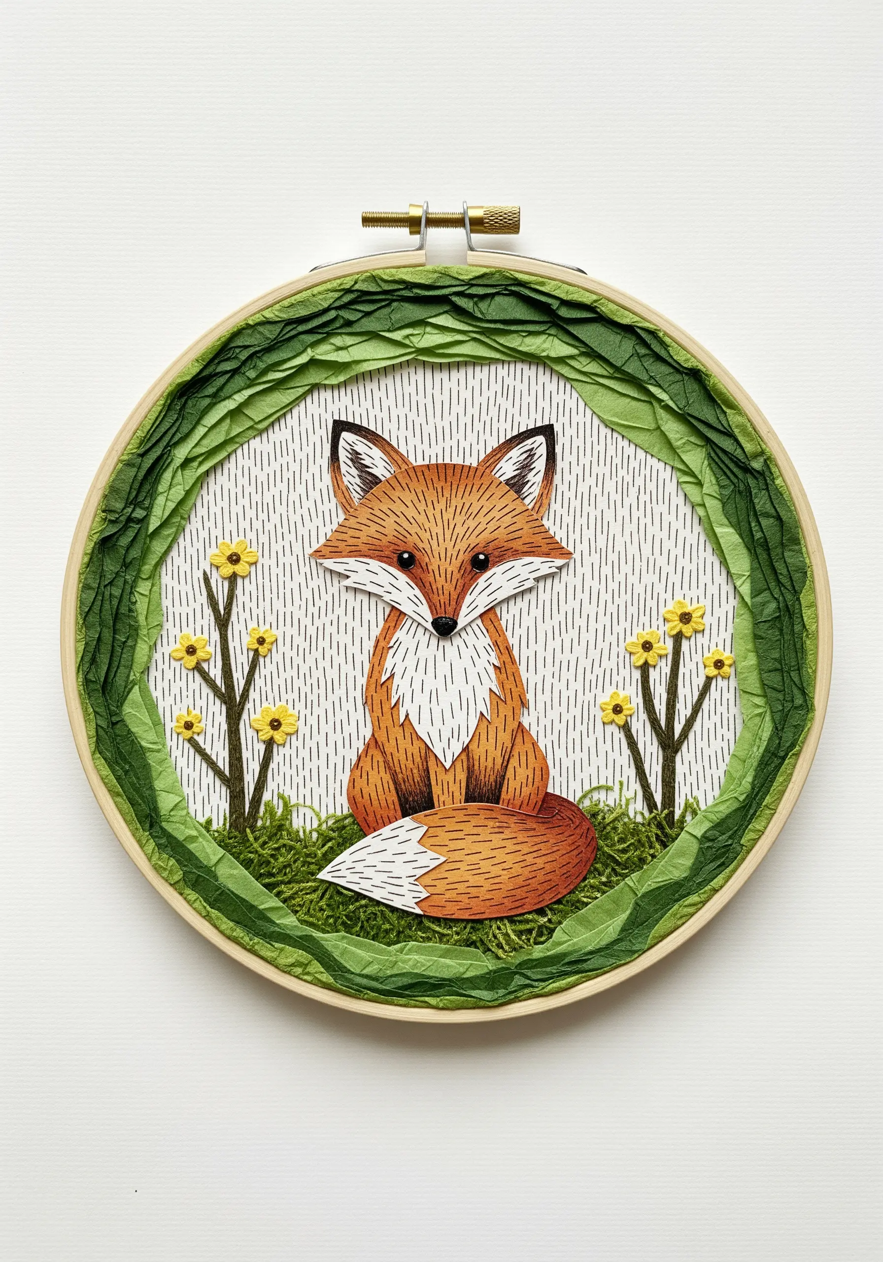 A paper fox collage set in an embroidery hoop with a crepe paper and moss background.
