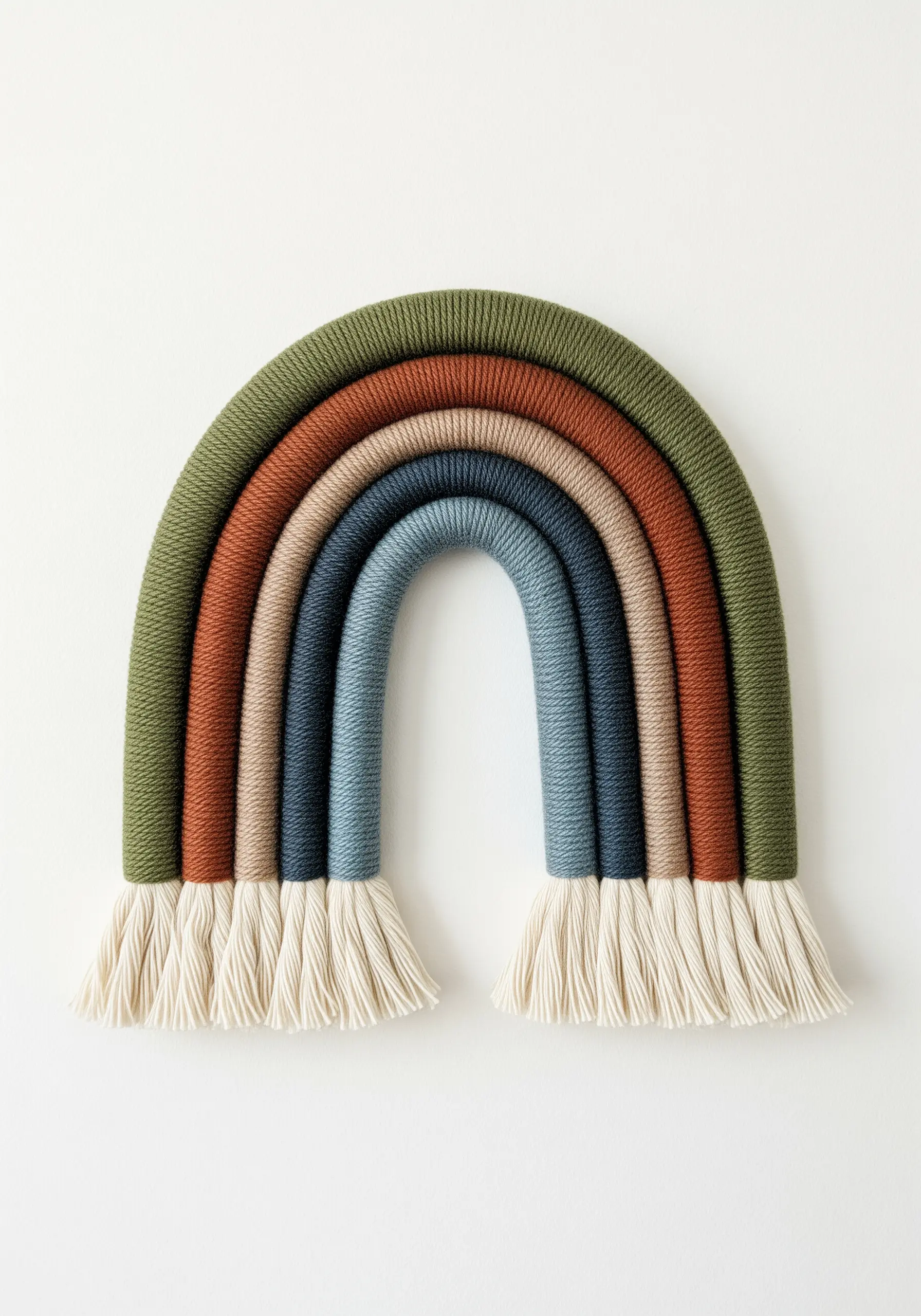 A modern, earthy-toned rainbow wall hanging made from yarn-wrapped cords with fringe.