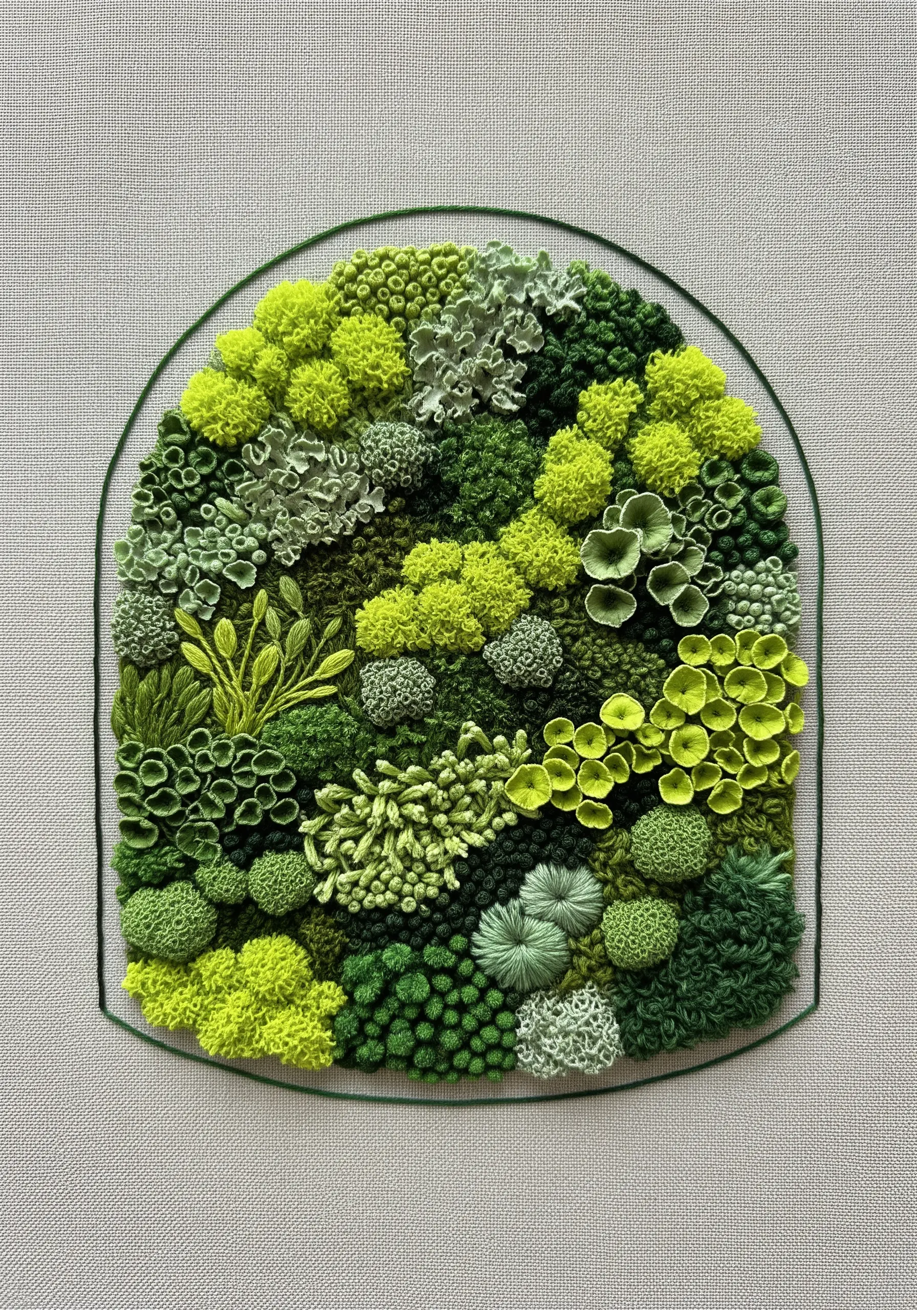 A dense, textured embroidery of various mosses and lichens in shades of green