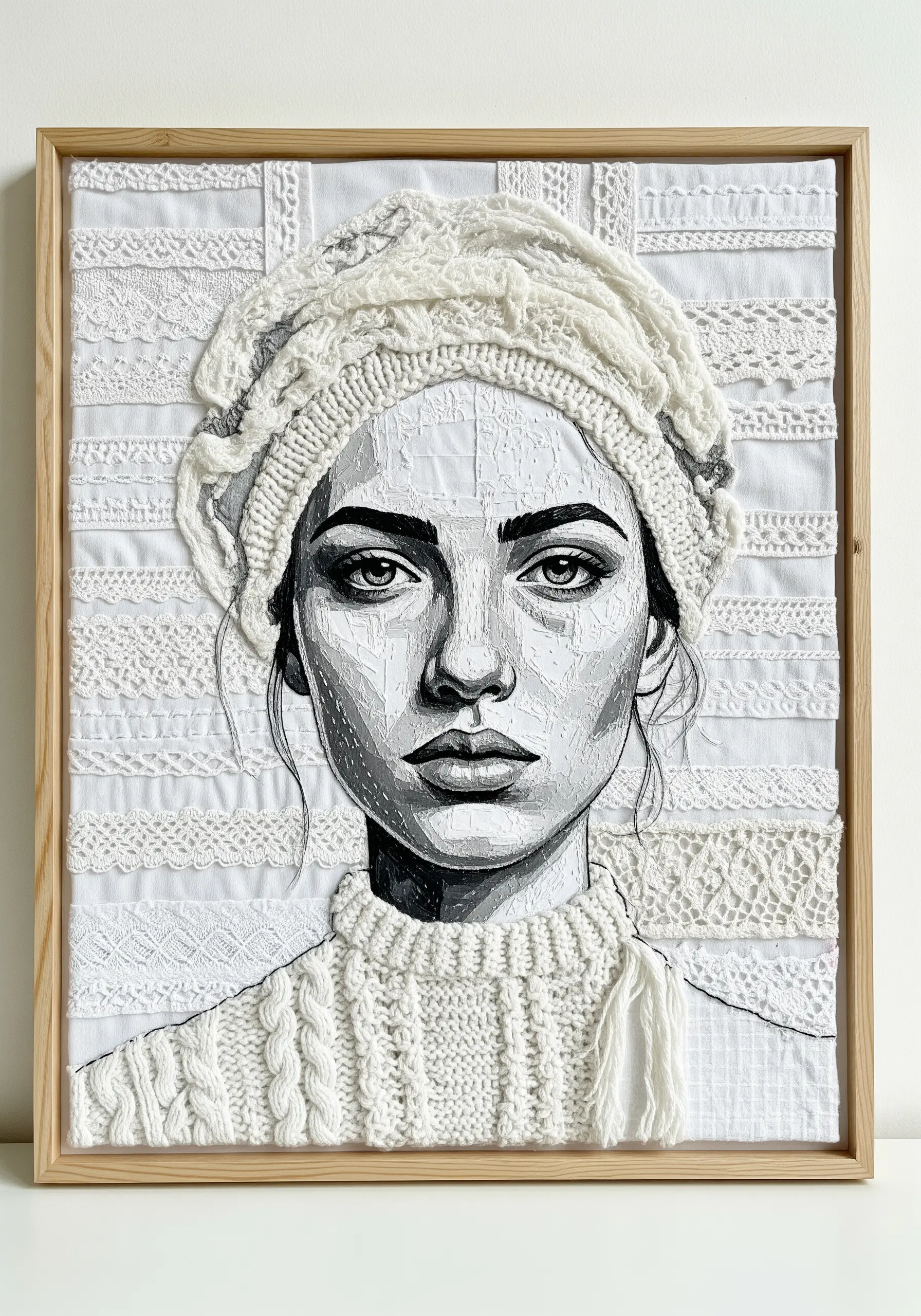 Monochromatic white portrait using various textured fabrics like lace and cable knit.