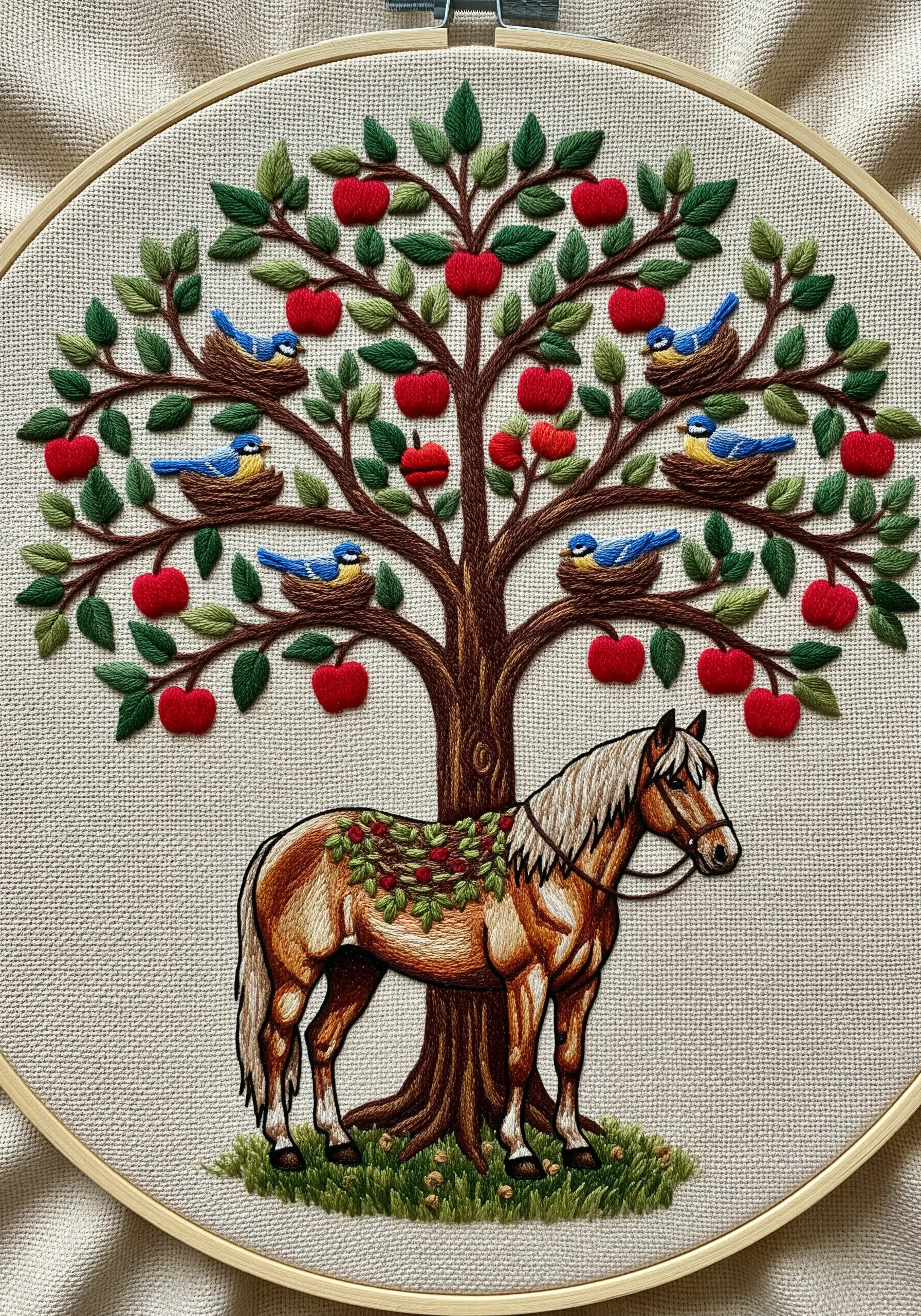 An embroidered scene of a horse standing in front of a large apple tree with birds.