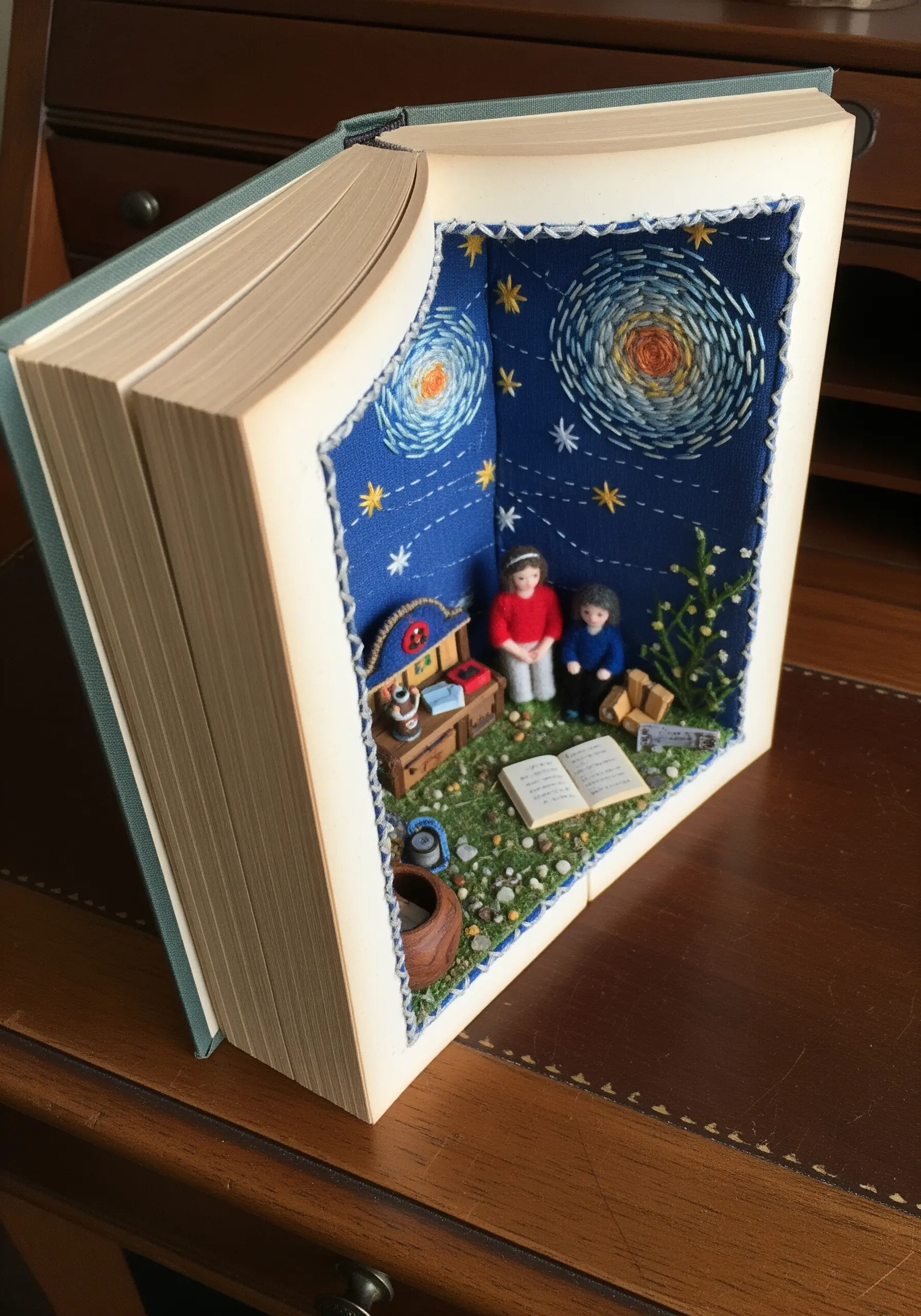 A diorama built inside a book, with an embroidered starry night sky as the backdrop.