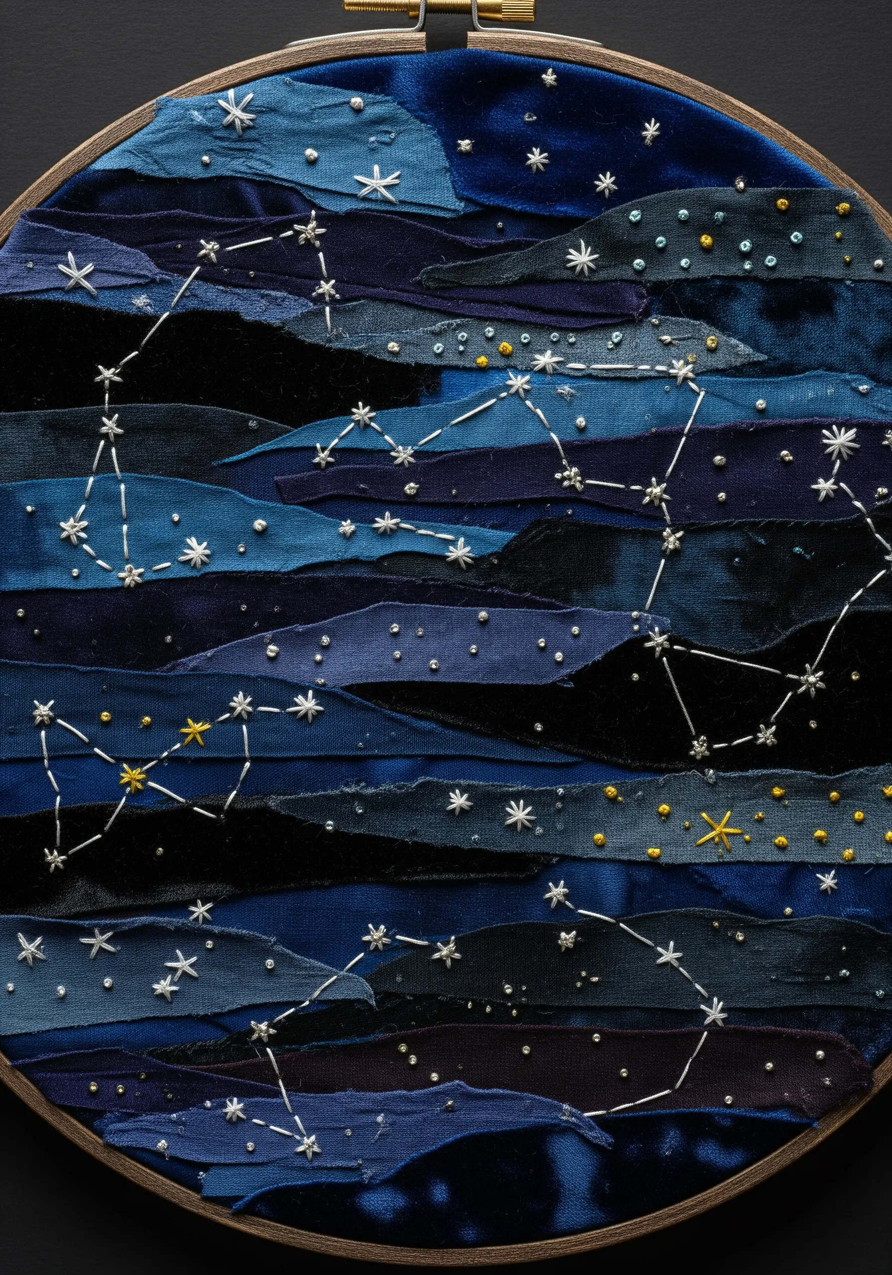 A night sky fabric collage in a hoop, made with layered dark blue velvets and embroidered constellations.
