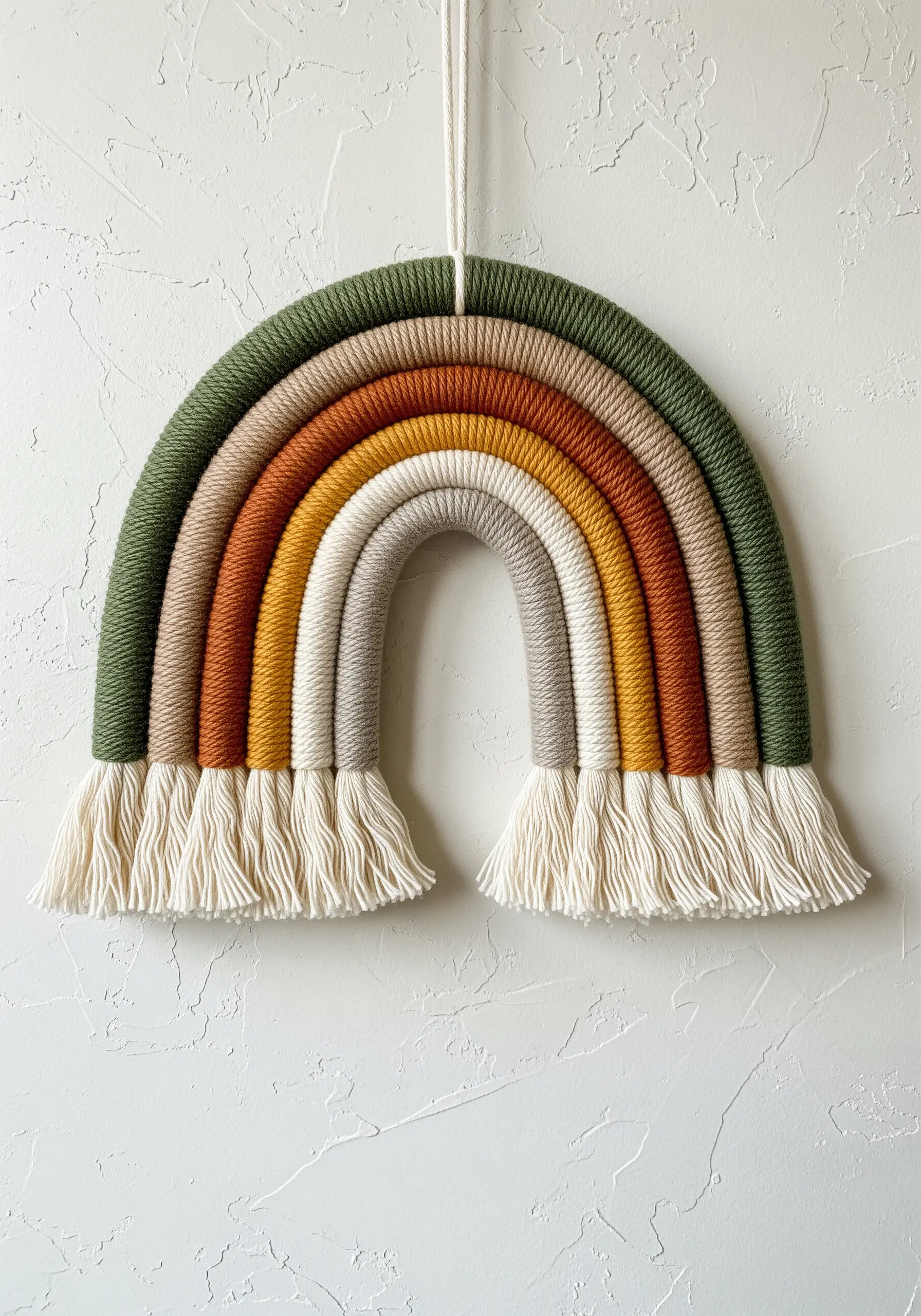 A perfectly wrapped yarn rainbow in earthy tones of green, ochre, rust, and cream.