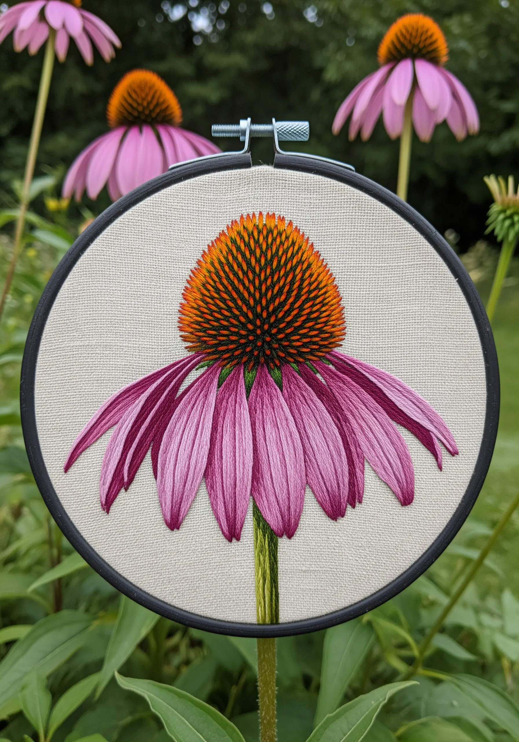 Close-up of an embroidered coneflower with a textured orange and brown cone center.