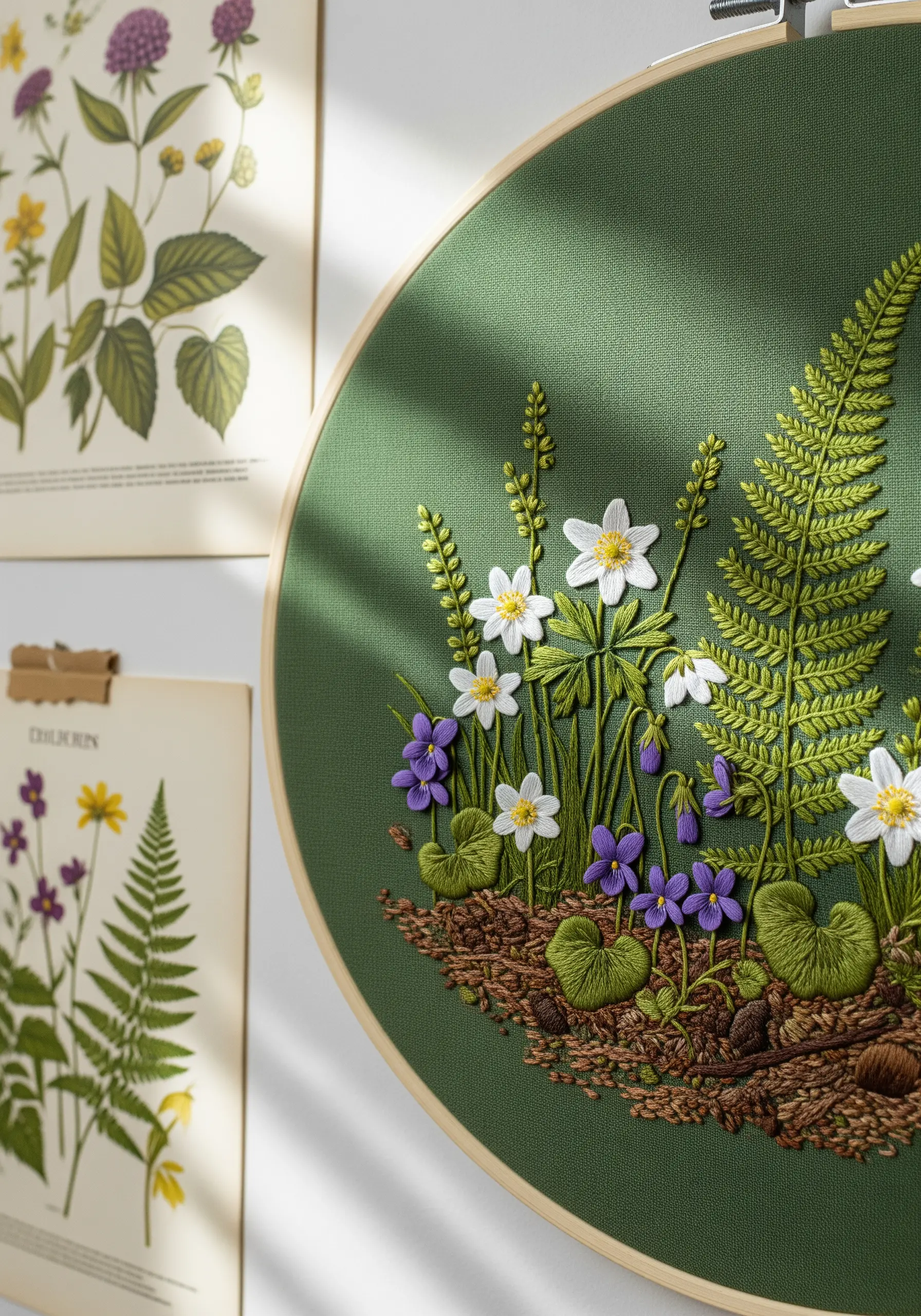 A woodland scene with ferns and violets growing from a richly textured, embroidered forest floor.