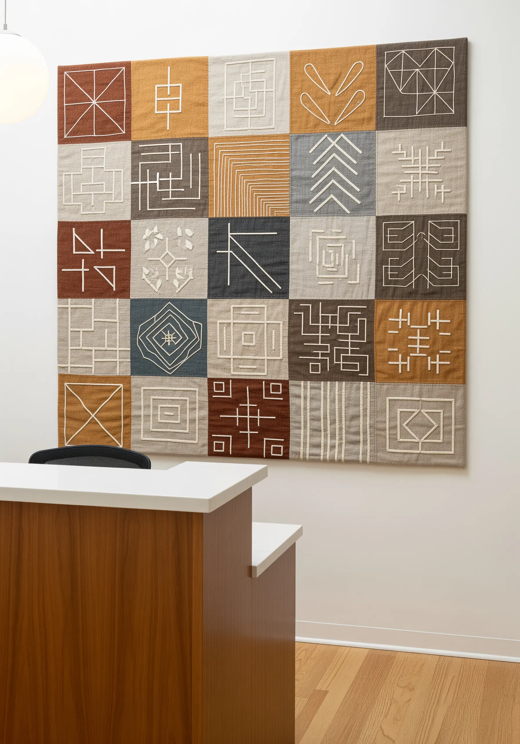 A large, quilted tapestry made of squares, each with a unique geometric pattern stitched in white.