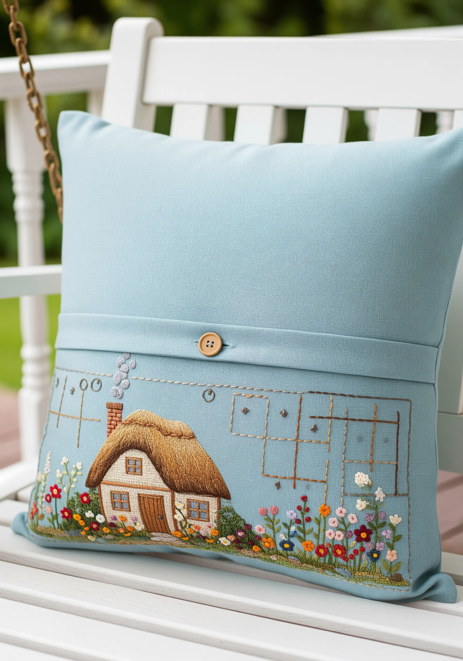 Embroidered cottage with a textured thatched roof on a light blue cushion.