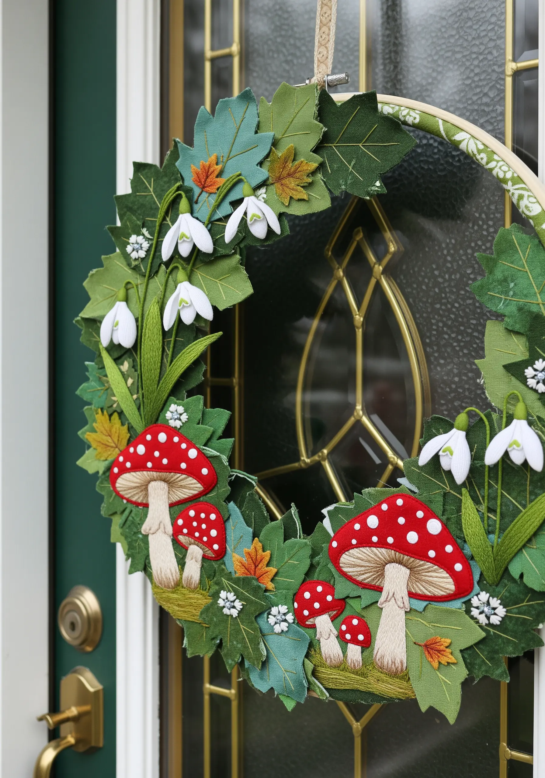 A dimensional wreath made from layered and embroidered felt leaves and mushrooms.