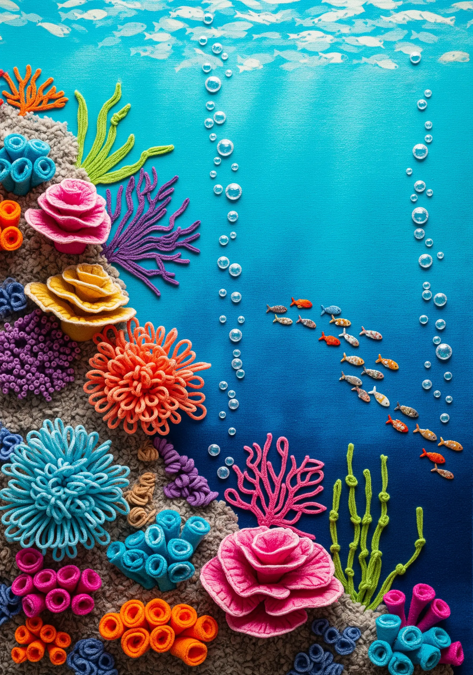 A vibrant, textured underwater scene with 3D coral made from yarn, felt, and embroidery stitches.