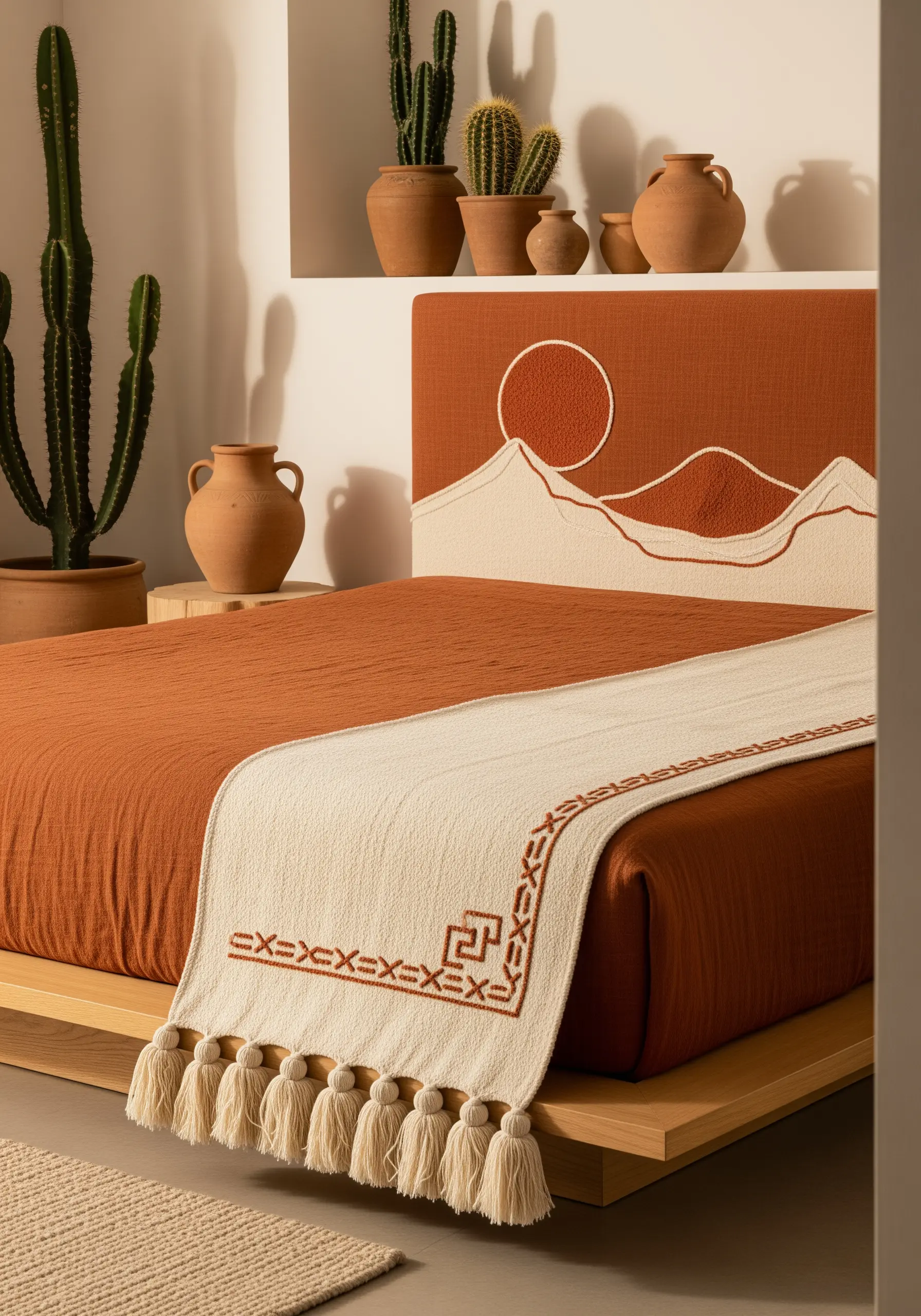 A desert landscape with a sun and mountains created with punch needle texture on a headboard.