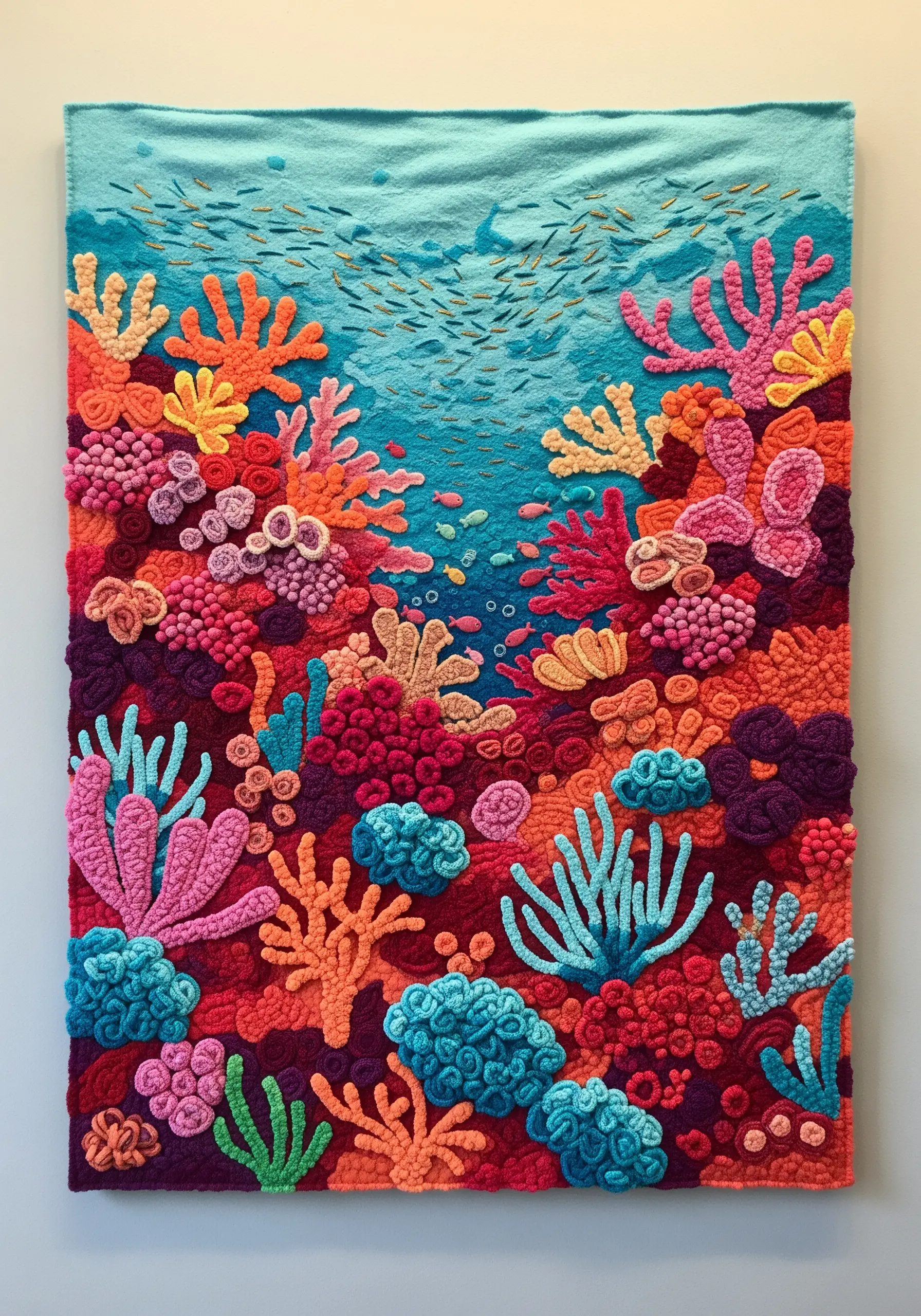 A highly textured, colorful fiber art tapestry of a coral reef with various knotted stitches.