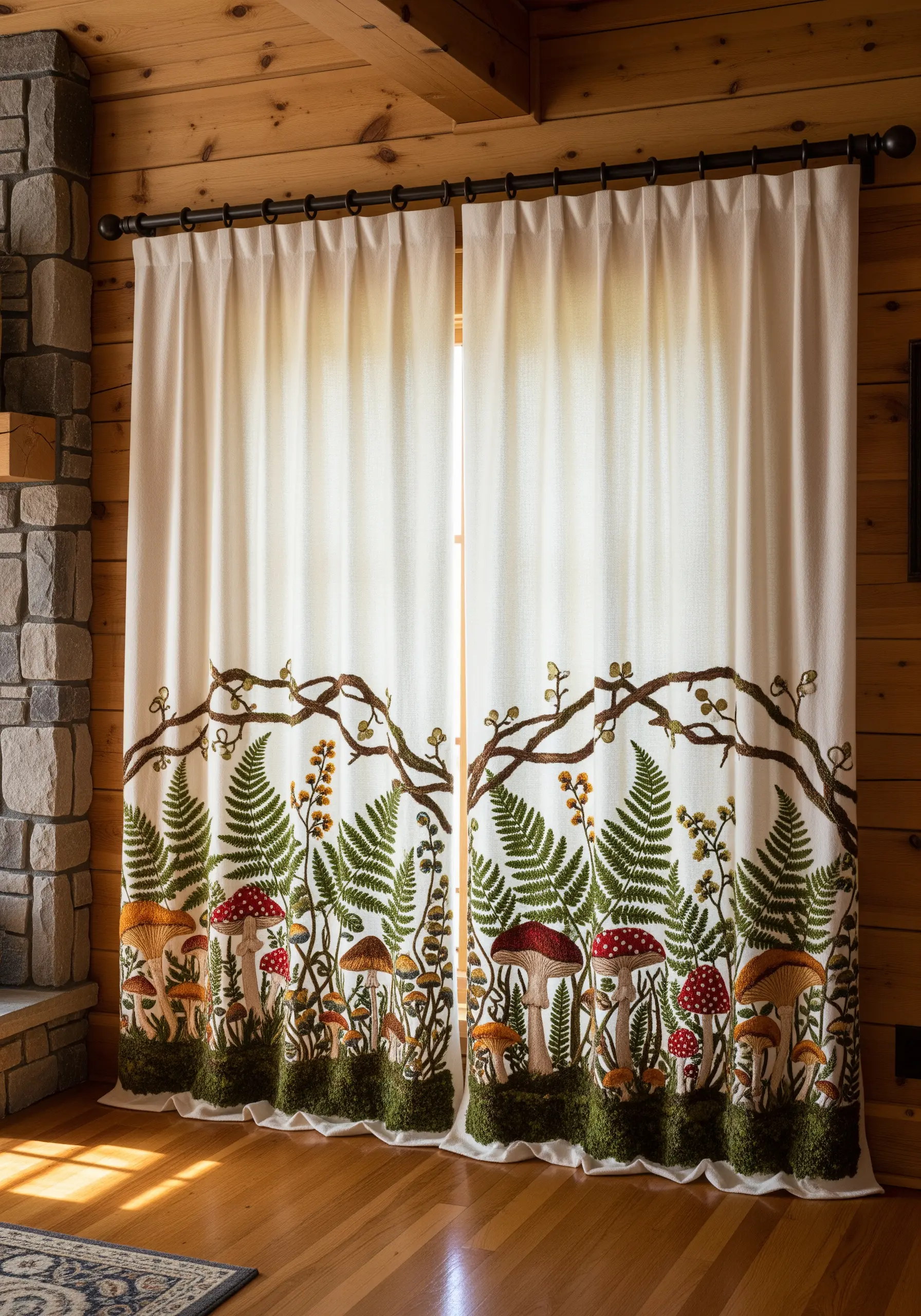A detailed woodland border with mushrooms, ferns, and branches on cream curtains.