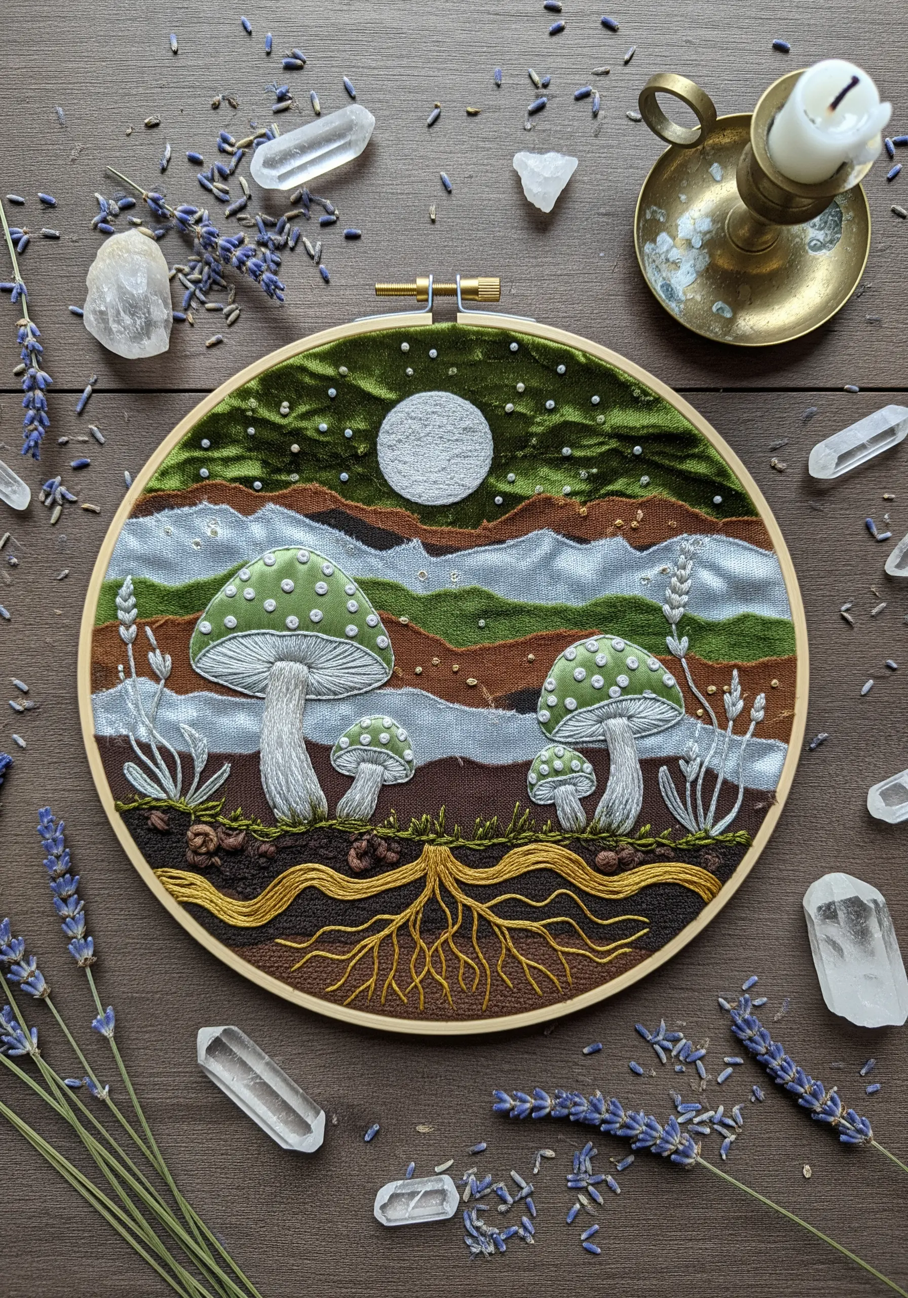 Embroidered mushroom landscape with layered fabric collage and a velvet sky.
